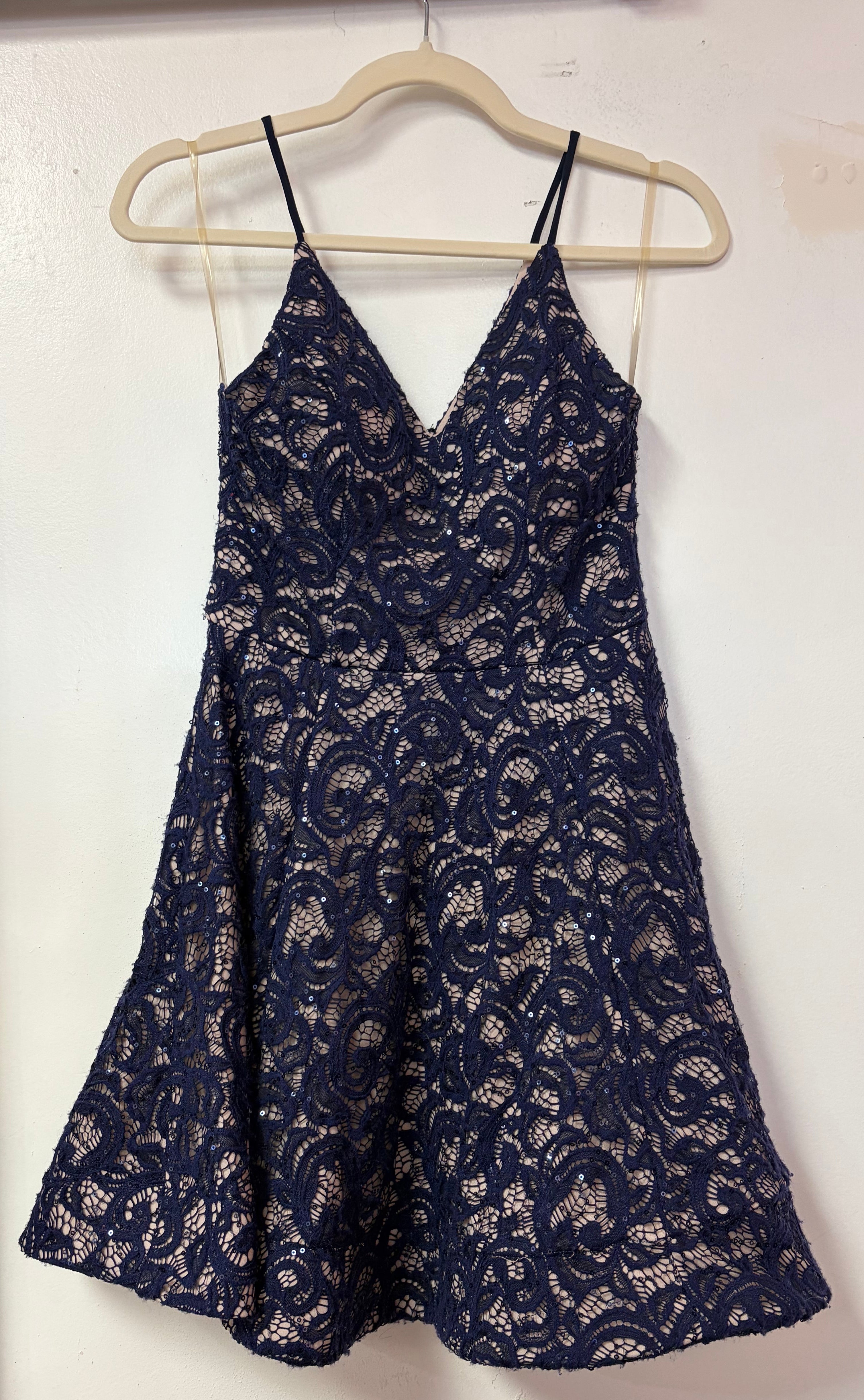 Sequin Hearts Navy Lace Fit & Flare Homecoming Dress
