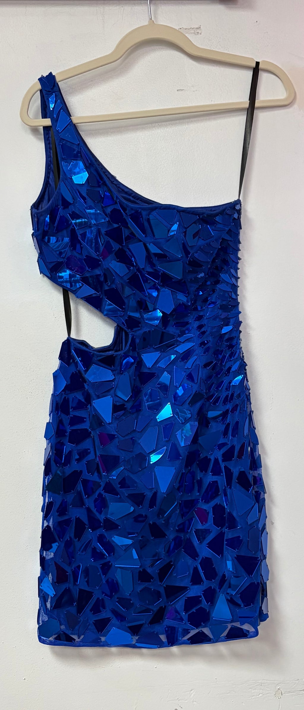 Primavera 3529 Royal Blue Shard Embellished One Shoulder Mini Dress