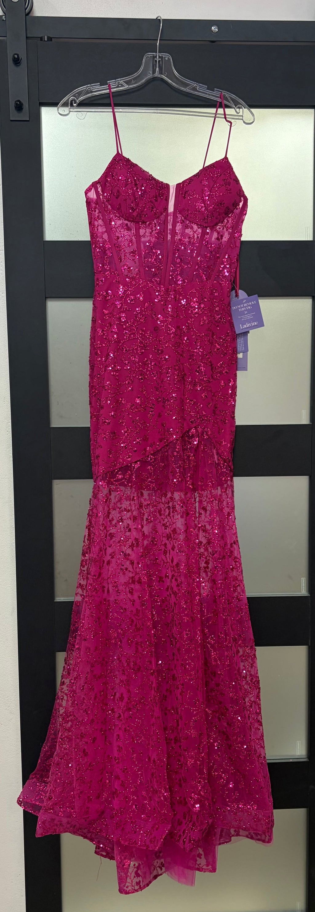 LaDivine C155 Fuchsia Sequin Lace Corset Gown with Sheer Skirt