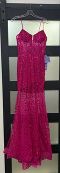 LaDivine C155 Fuchsia Sequin Lace Corset Gown with Sheer Skirt