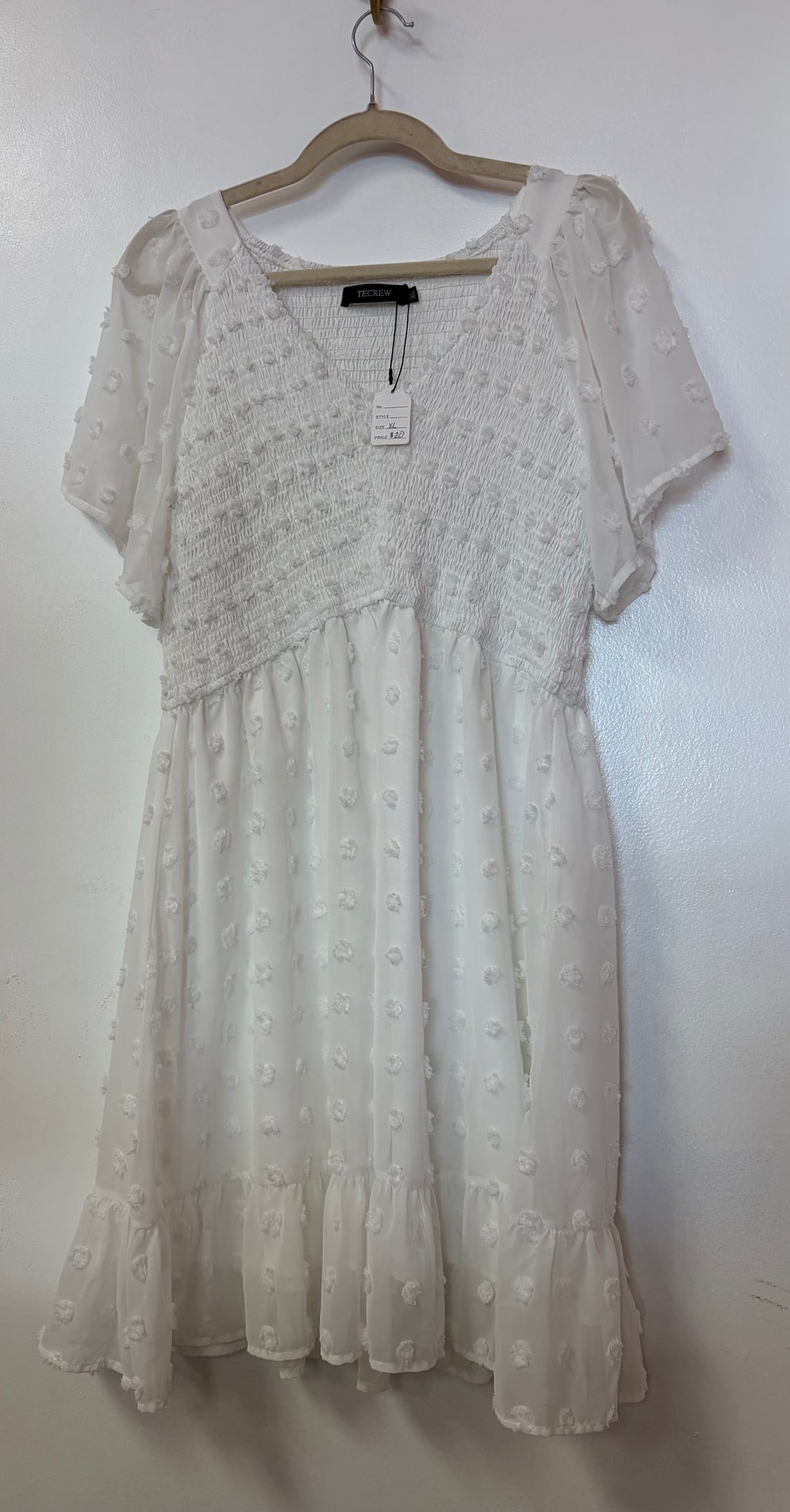 Ivory Swiss Dot Babydoll Dress with Smocked Bodice and Flutter Sleeves