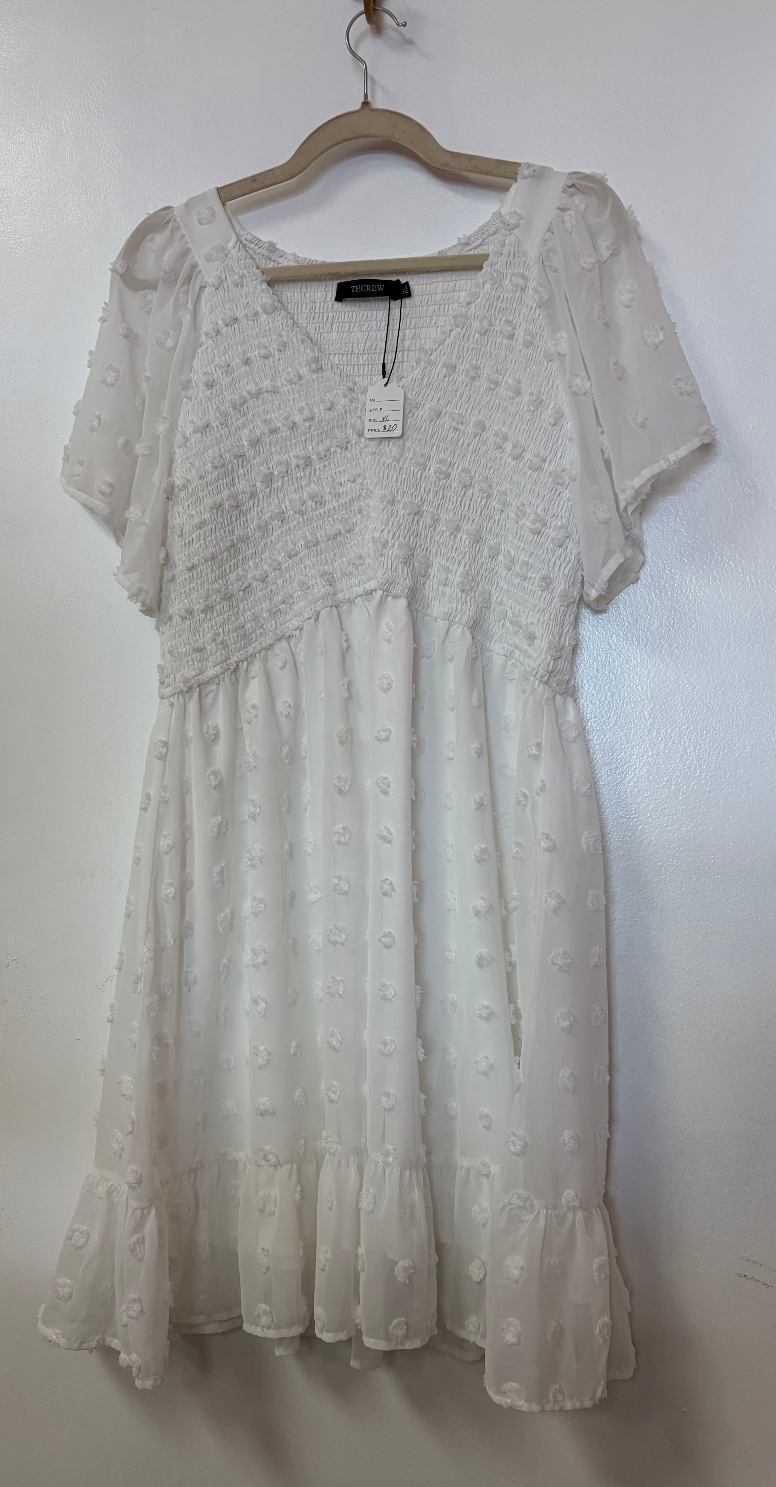 Ivory Swiss Dot Babydoll Dress with Smocked Bodice and Flutter Sleeves