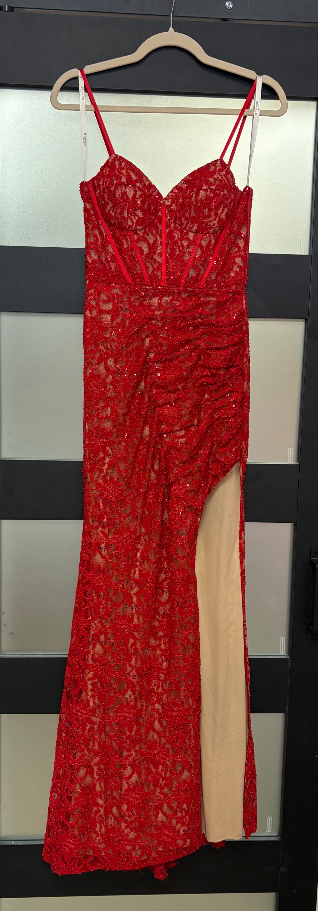 Galina Signature Red Beaded Lace Mermaid Gown with Corset Bodice