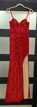 Galina Signature Red Beaded Lace Mermaid Gown with Corset Bodice
