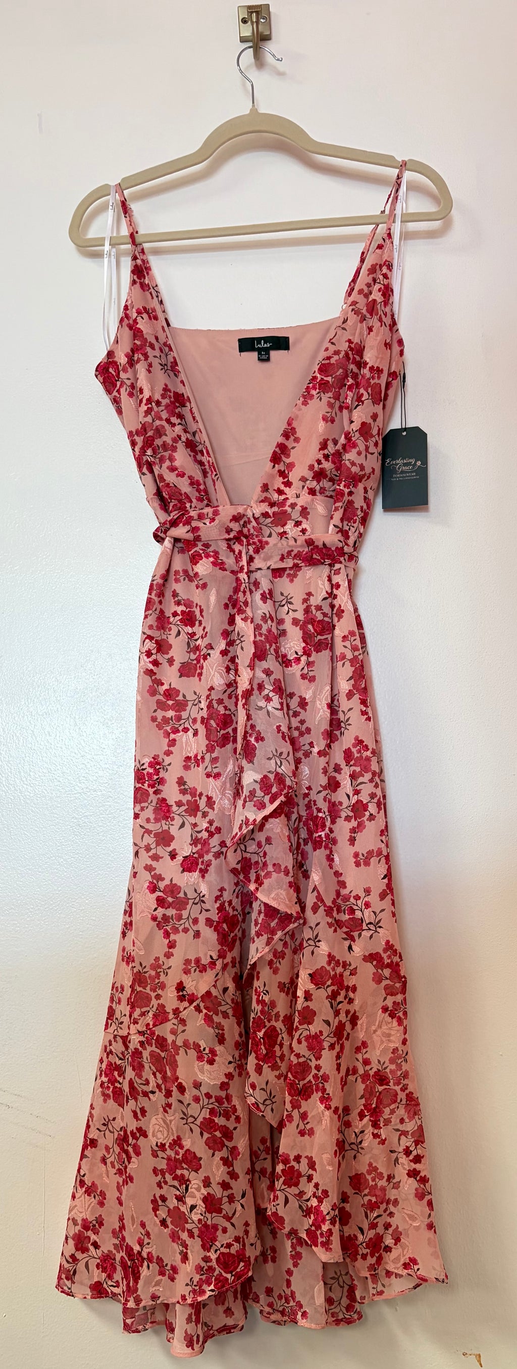 Lulus Blush Pink Floral Wrap Midi Dress with High-Low Hem and Waist Tie