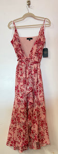 Lulus Blush Pink Floral Wrap Midi Dress with High-Low Hem and Waist Tie