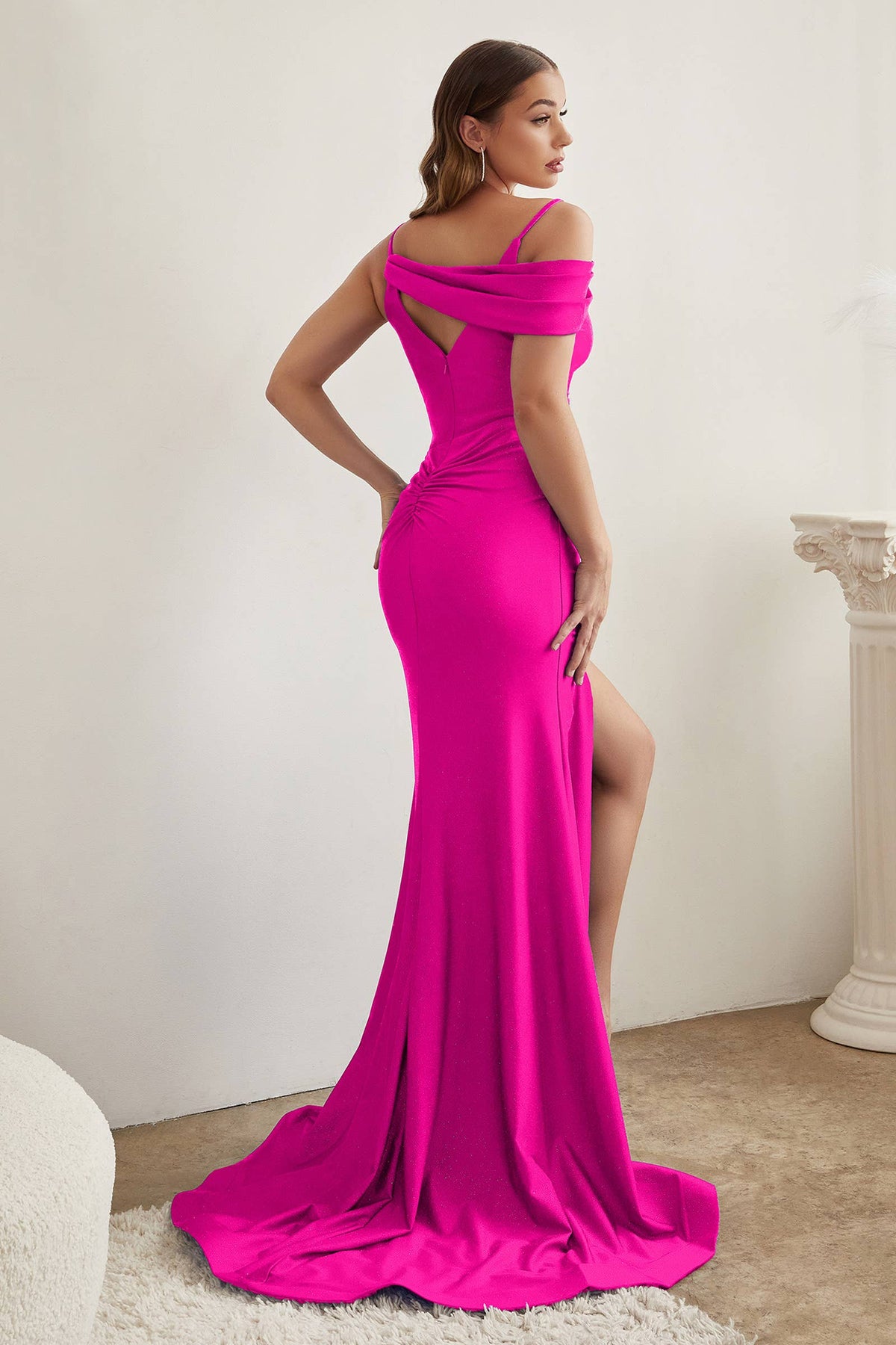 LaDivine CD881 Asymmetrical One-Shoulder Stretch Satin Fitted Gown