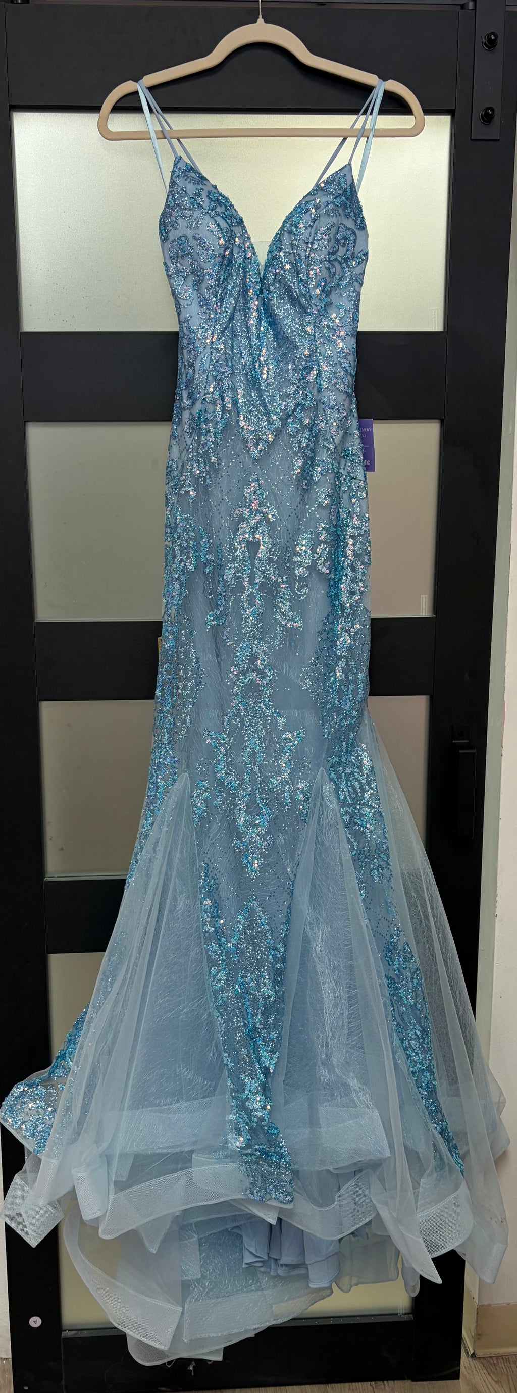 LaDivine CC2279 Dusty Blue Glitter Mermaid Gown with Lace-Up Back