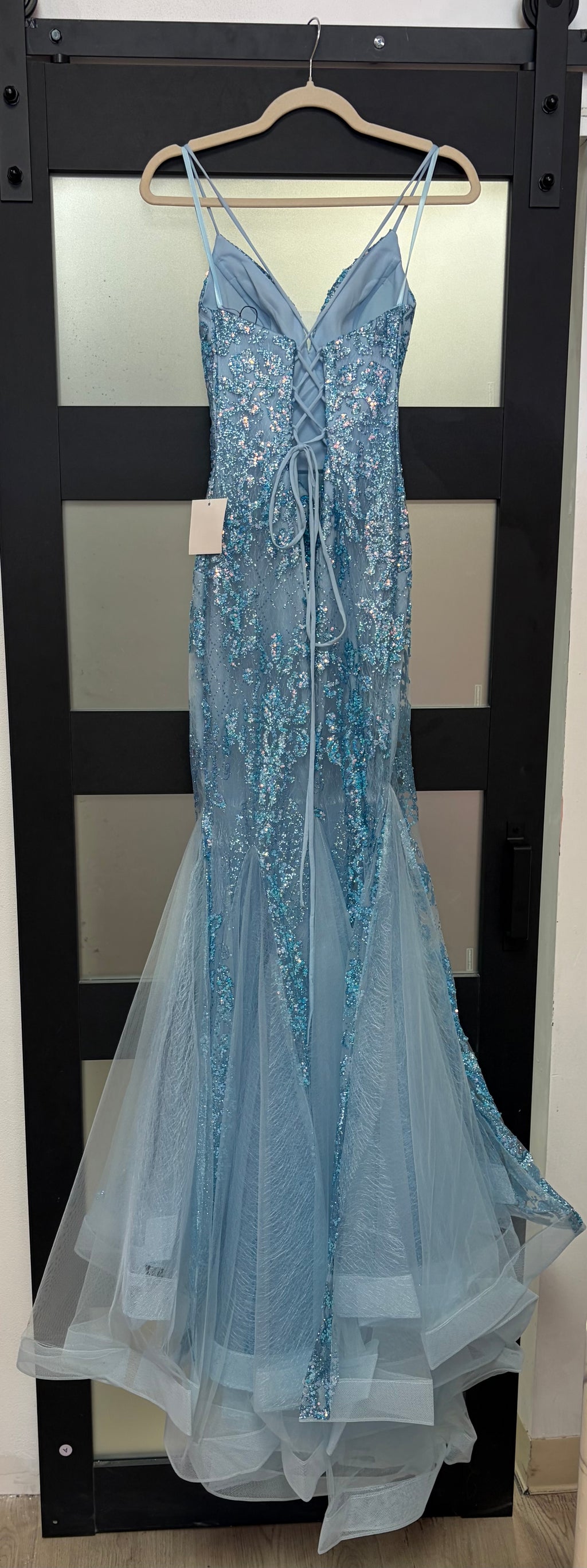 LaDivine CC2279 Dusty Blue Glitter Mermaid Gown with Lace-Up Back