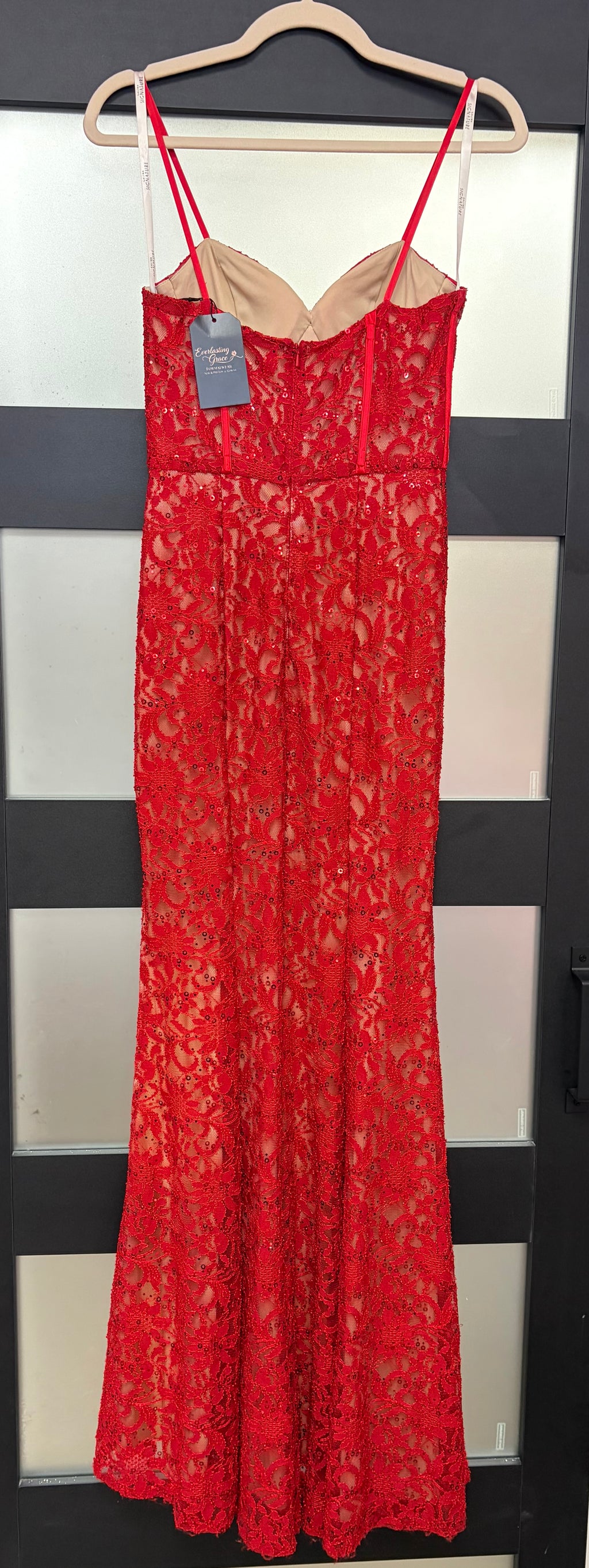 Galina Signature Red Beaded Lace Mermaid Gown with Corset Bodice