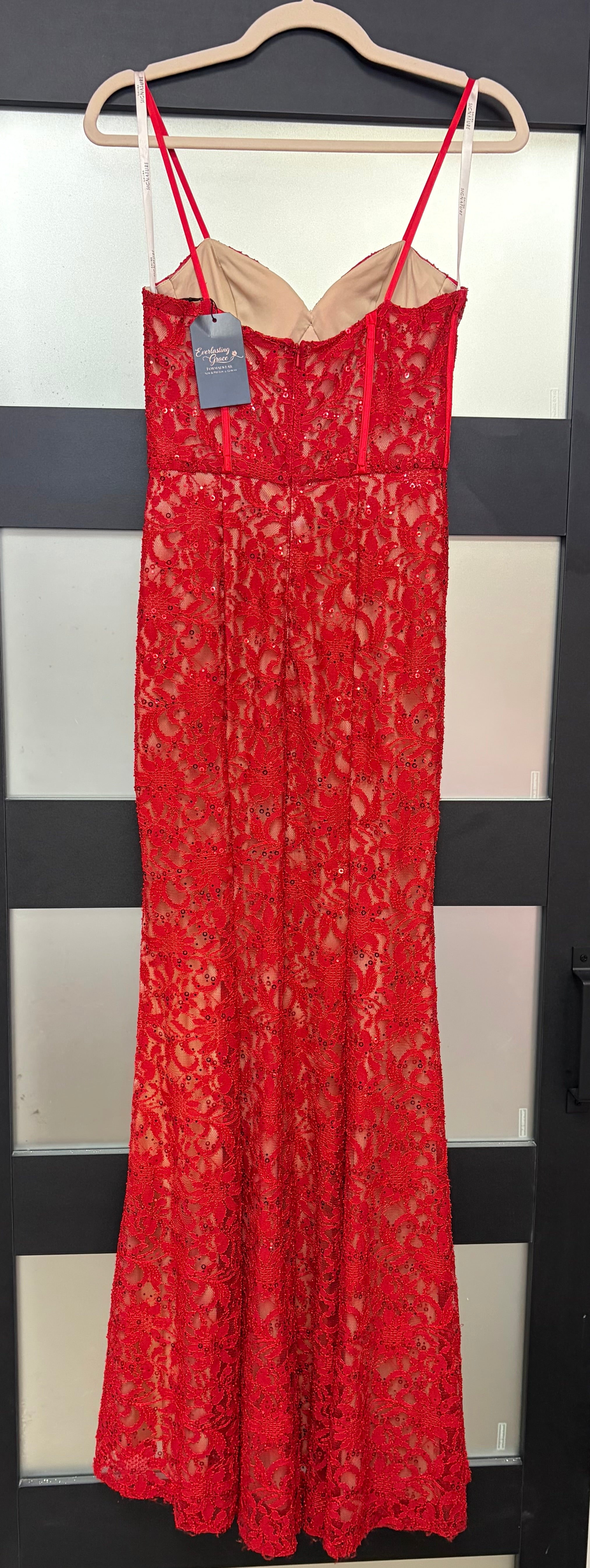 Galina Signature Red Beaded Lace Mermaid Gown with Corset Bodice