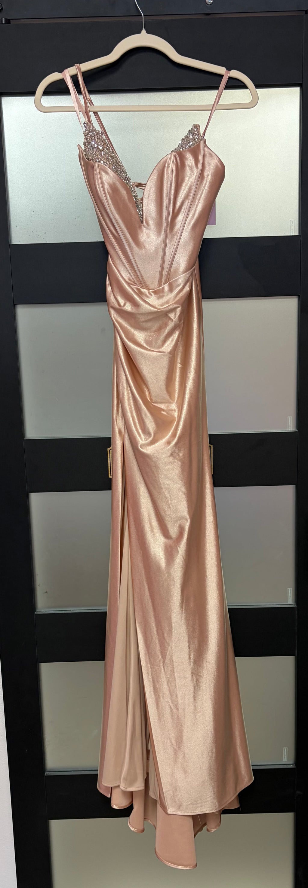 LaDivine CDS528 Rose Gold Satin Gown with Crystal Trim and Lace-Up Back