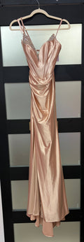 LaDivine CDS528 Rose Gold Satin Gown with Crystal Trim and Lace-Up Back