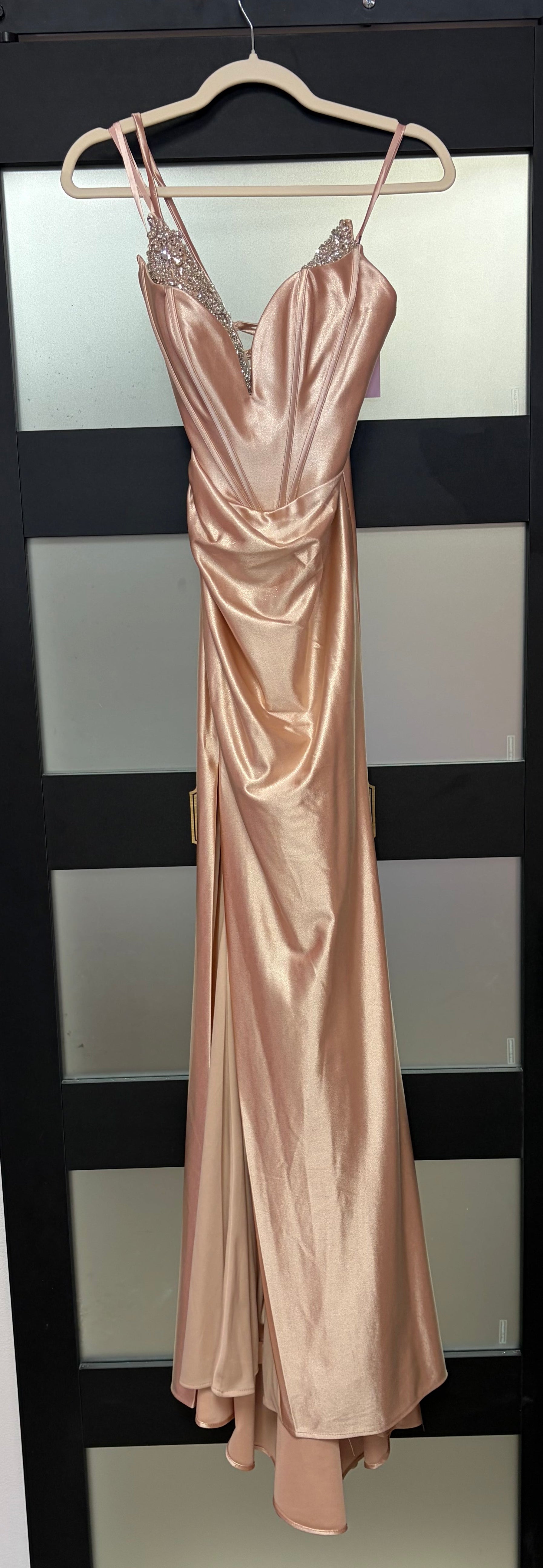 LaDivine CDS528 Rose Gold Satin Gown with Crystal Trim and Lace-Up Back