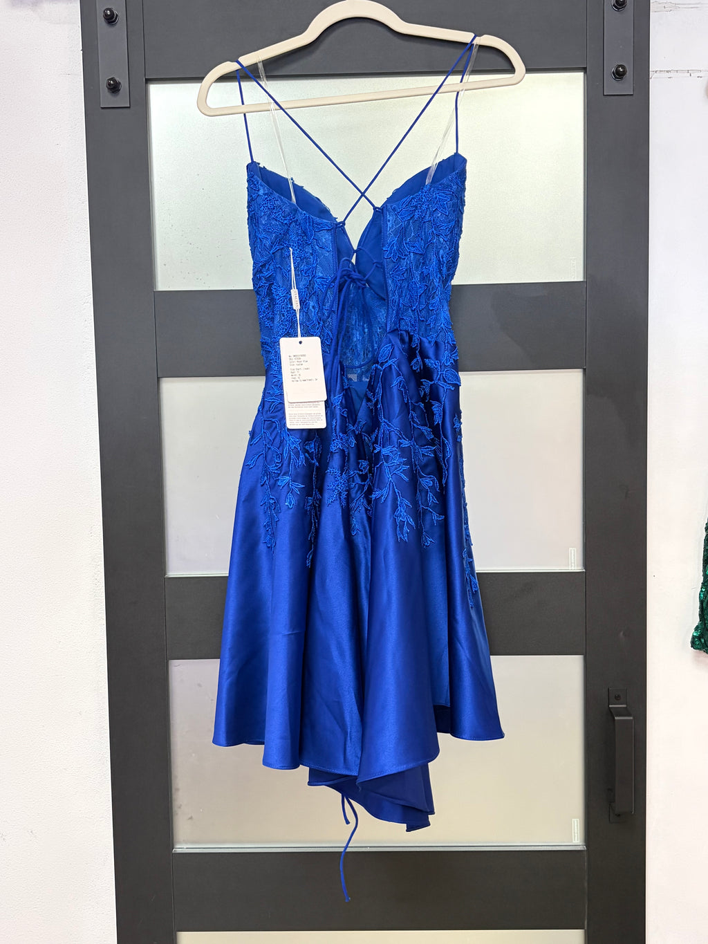 Stacees Royal Blue Satin Homecoming Dress with Floral Lace Appliqué Corset Bodice