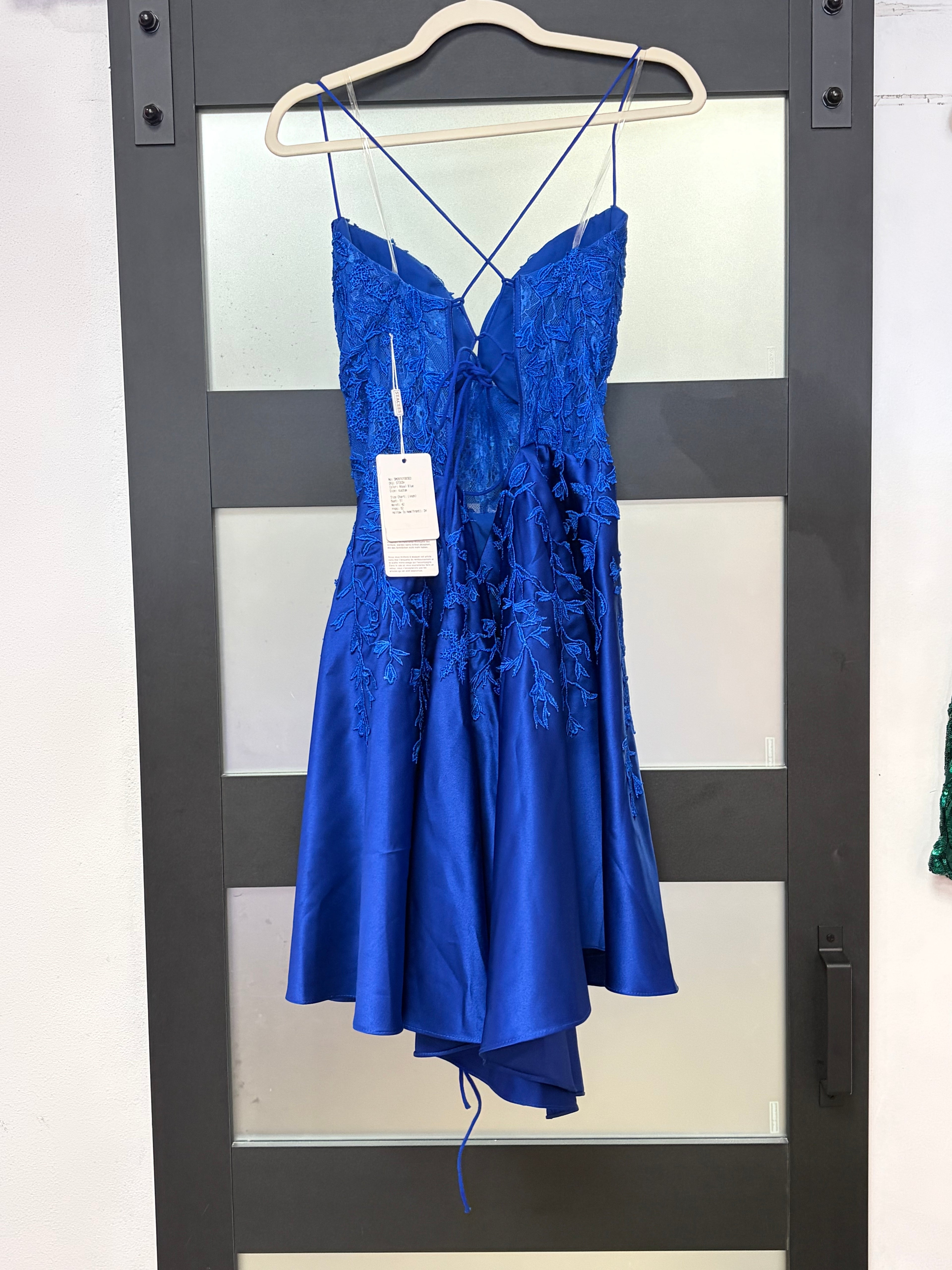 Stacees Royal Blue Satin Homecoming Dress with Floral Lace Appliqué Corset Bodice