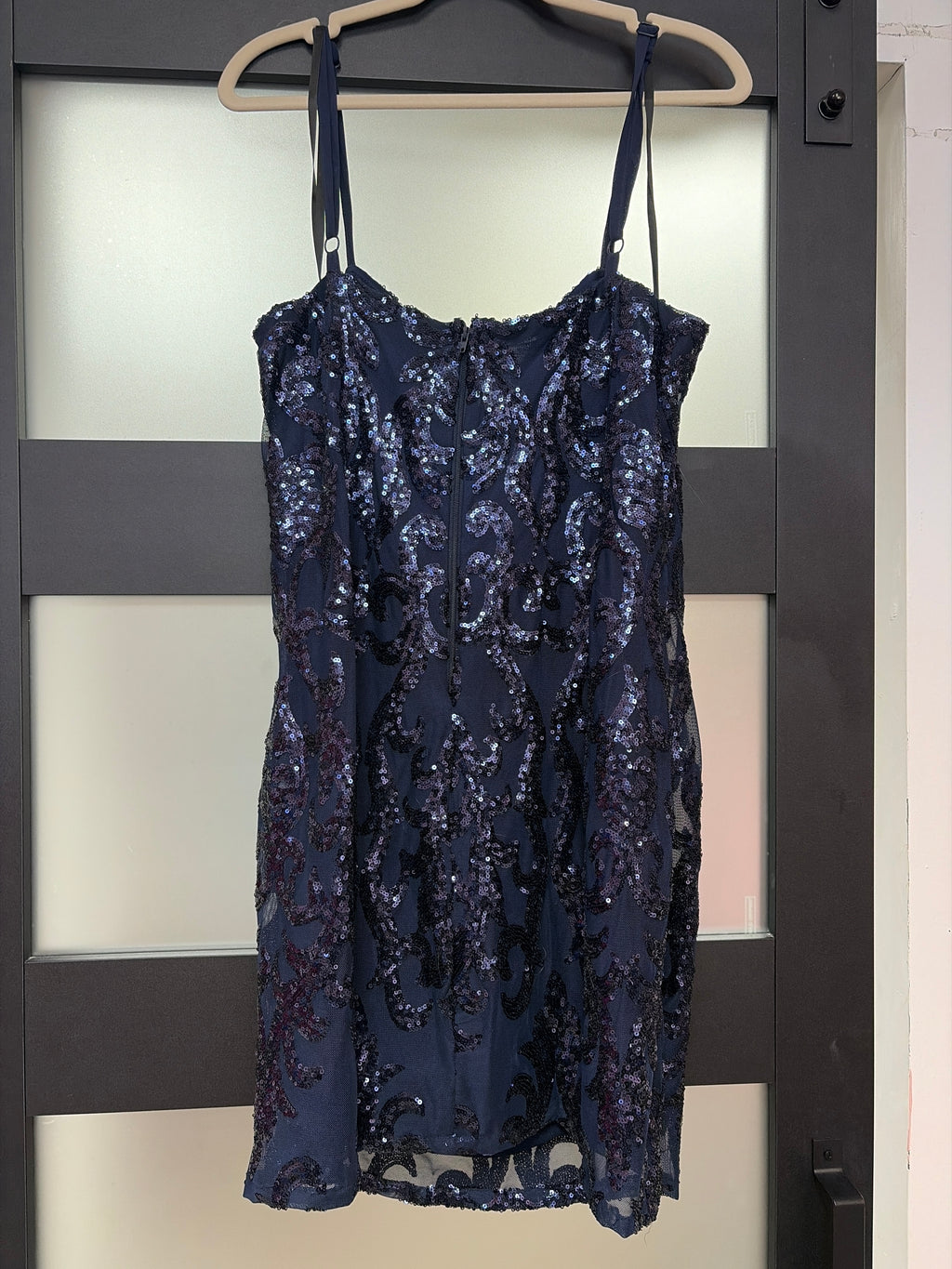 B Darlin Navy Blue Sequin Sheath Homecoming Dress with Scroll Embroidery