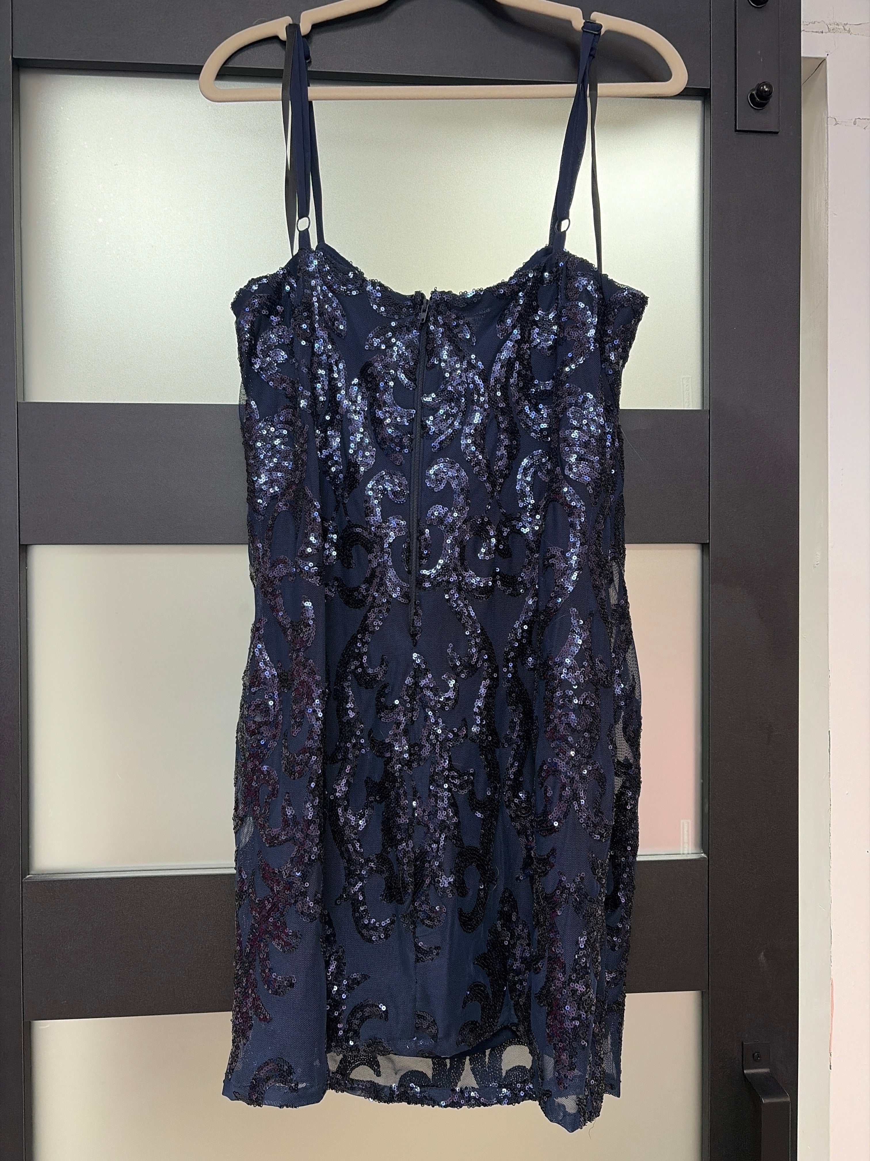 B Darlin Navy Blue Sequin Sheath Homecoming Dress with Scroll Embroidery