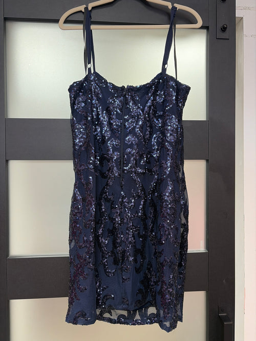 B Darlin Navy Blue Sequin Sheath Homecoming Dress with Scroll Embroidery