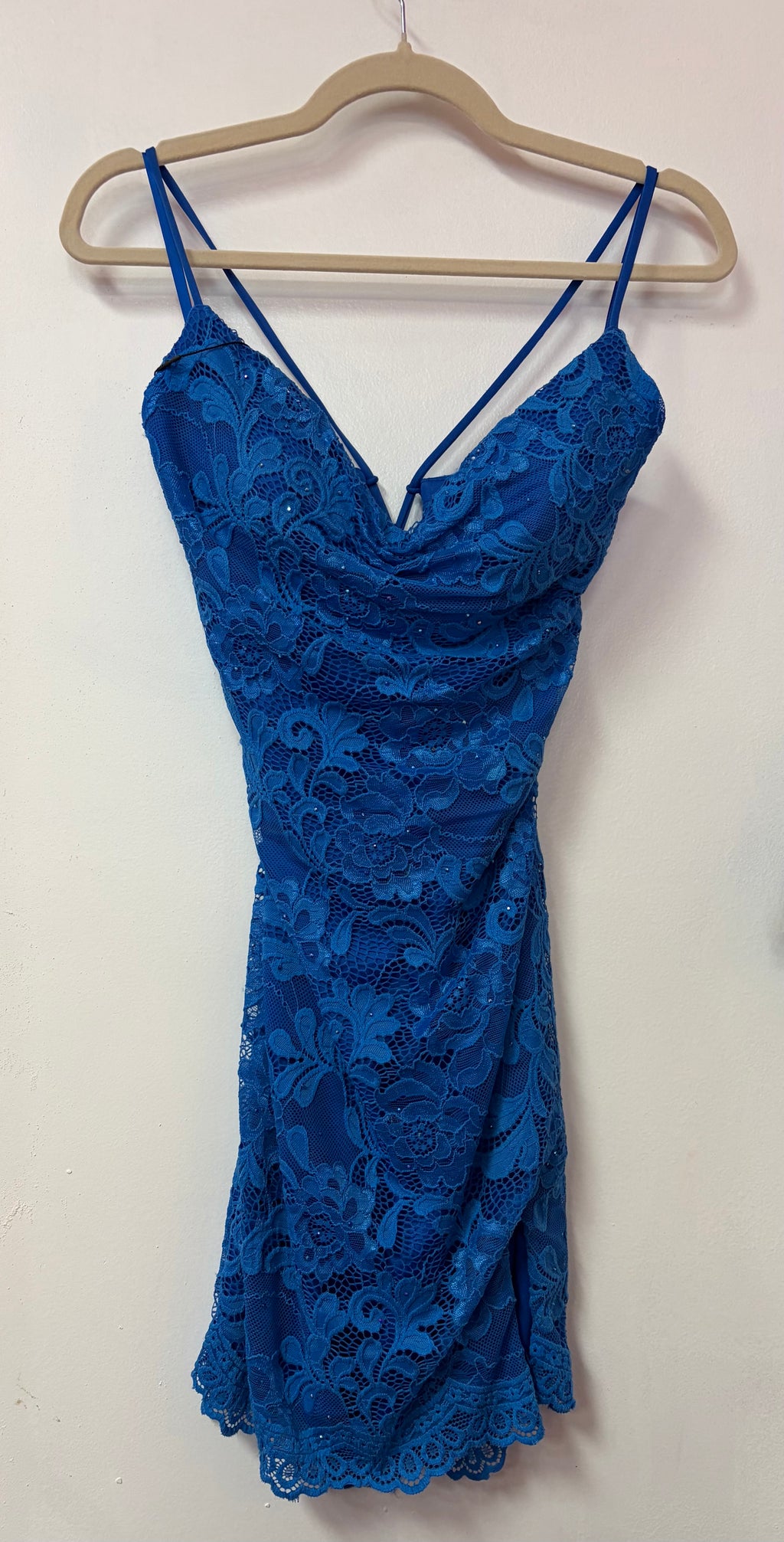 La Femme Royal Blue Lace Homecoming Dress with Cowl Neckline and Strappy Back Detail