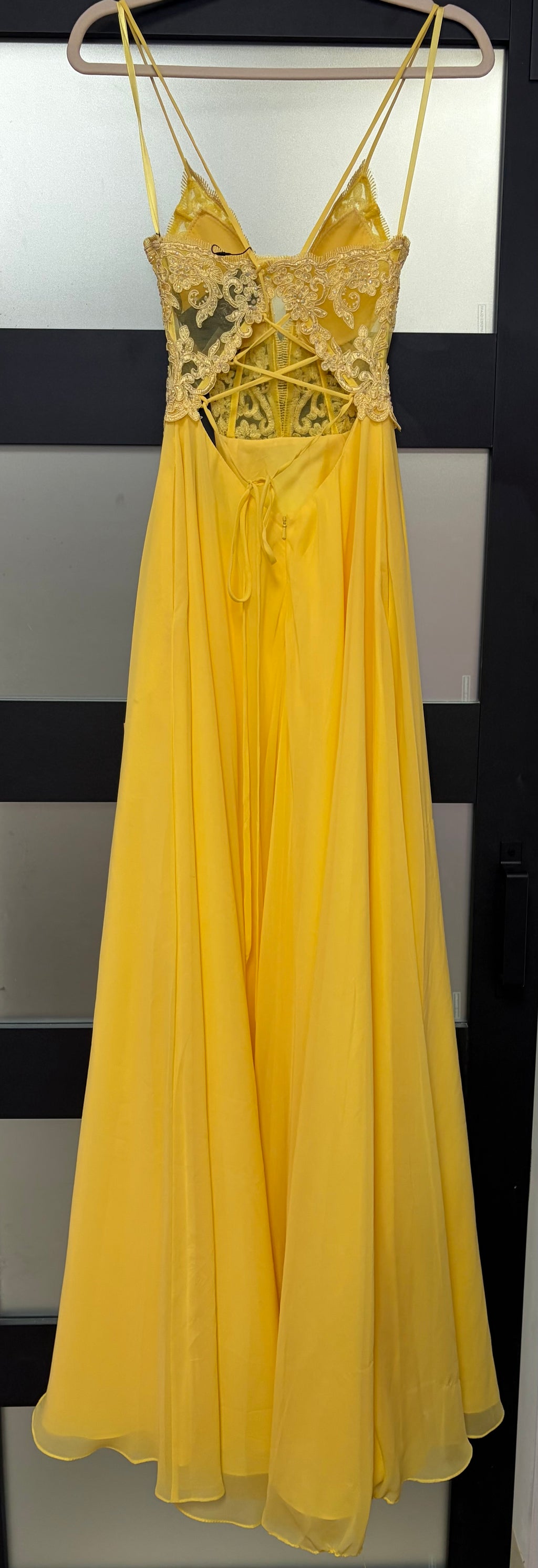 Clarisse 8021 Yellow Chiffon A-Line Prom Dress with Embroidered Corset Bodice