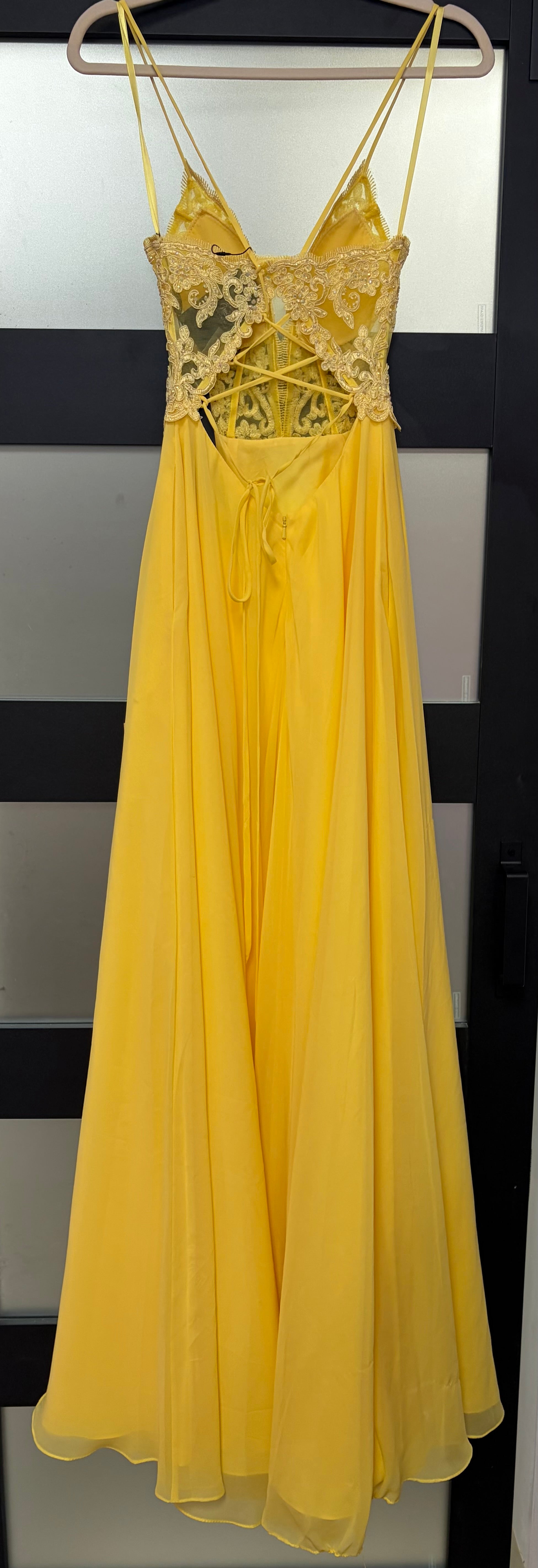Clarisse 8021 Yellow Chiffon A-Line Prom Dress with Embroidered Corset Bodice