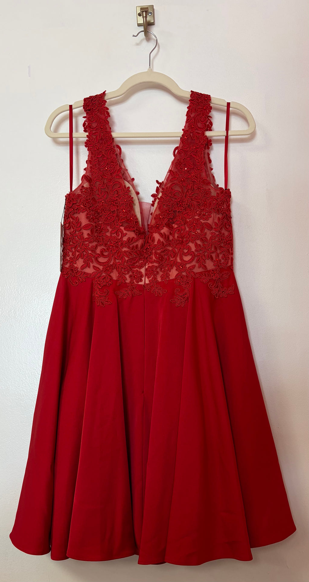 Ed Young Red Lace Appliqué Homecoming Dress with Satin A-Line Skirt