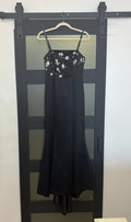 Black floor length evening gown with floral detailing
