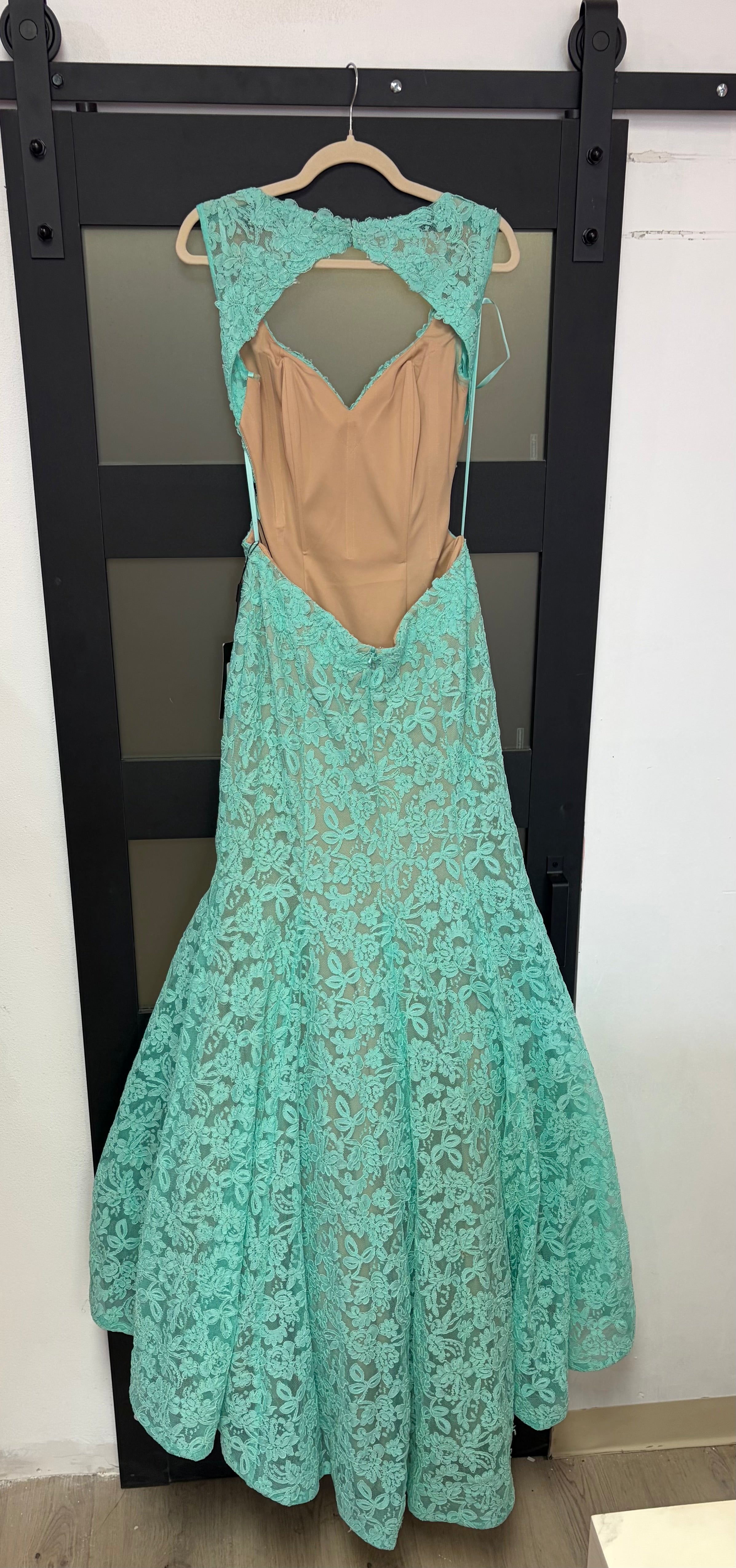 La Femme style 20117 light mint floral lace elegant gown