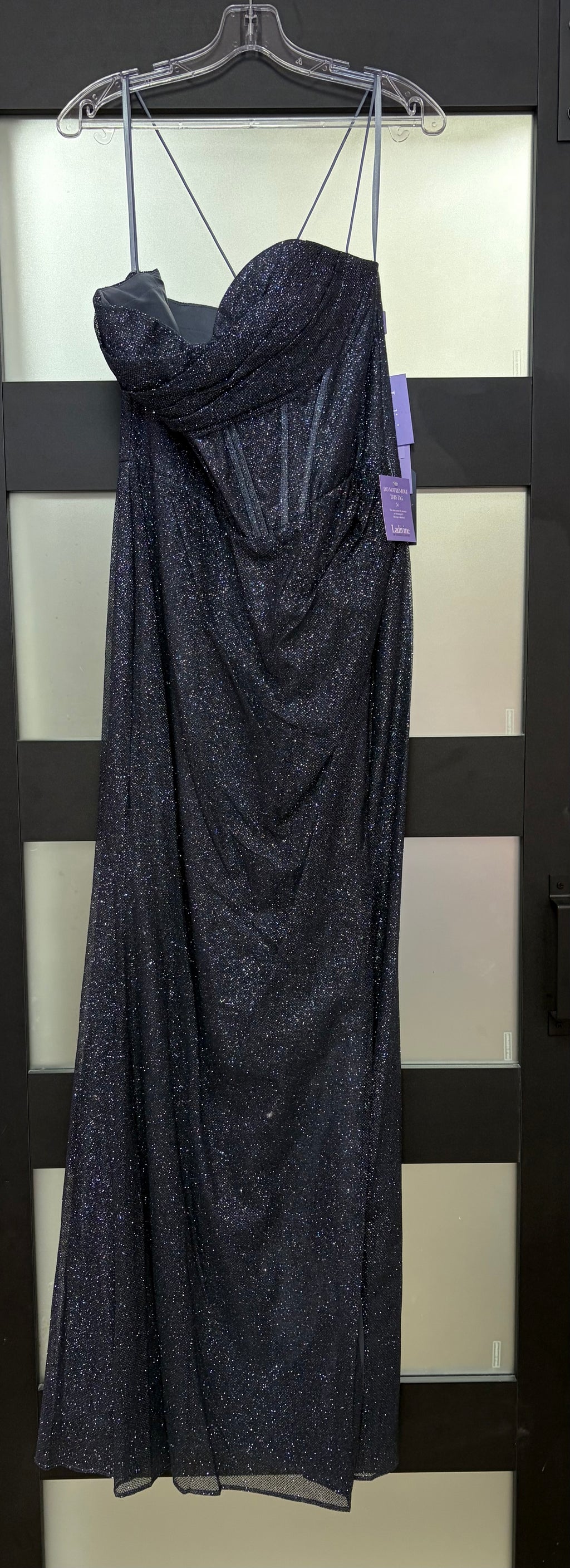 LaDivine by Cinderella Divine CD254 Charcoal Glitter Corset Gown with Draped Neckline