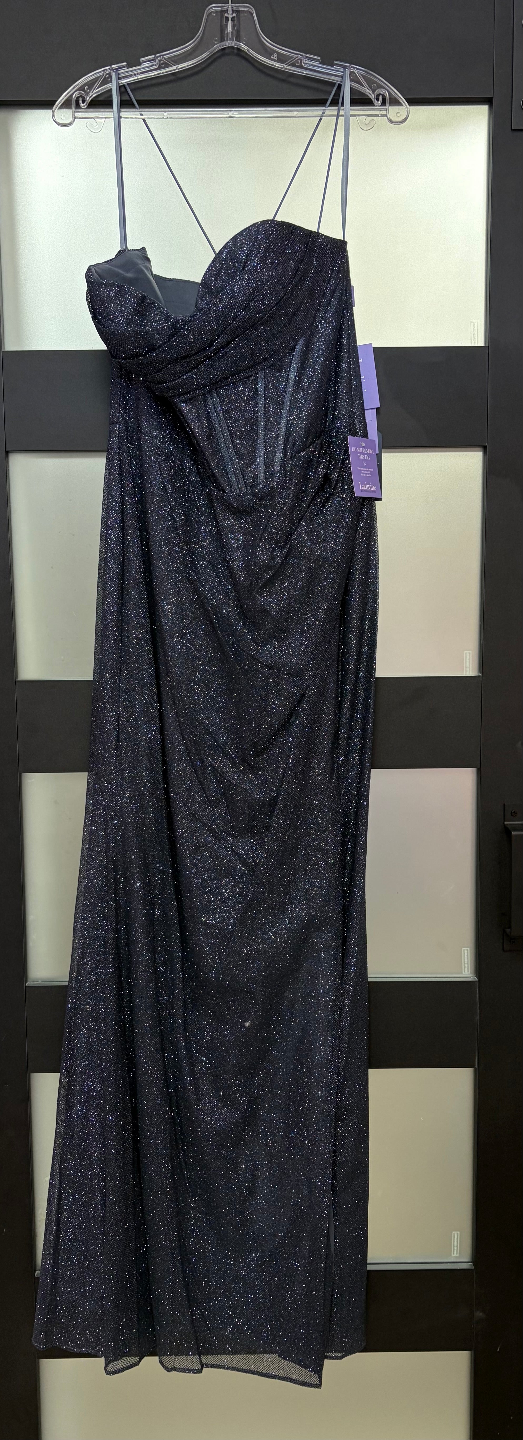LaDivine by Cinderella Divine CD254 Charcoal Glitter Corset Gown with Draped Neckline