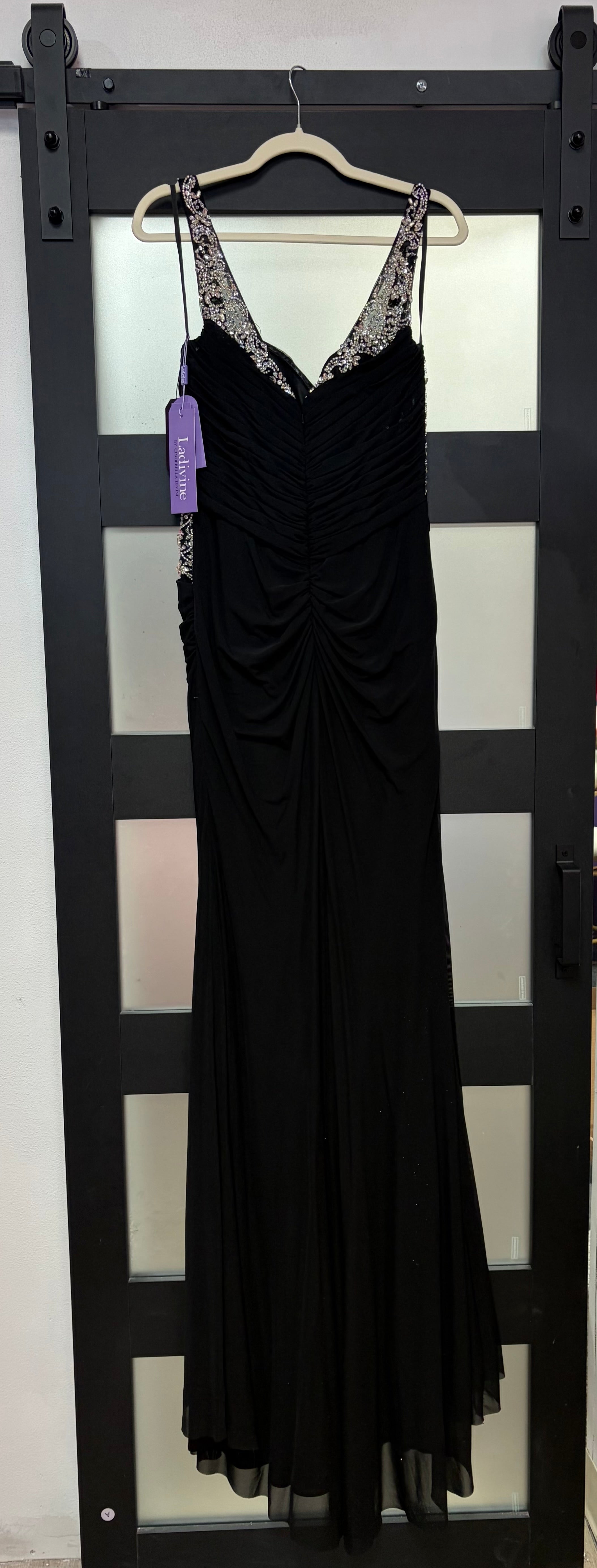LaDivine CDS562 Black Draped Formal Gown with Embellishdd Bodice