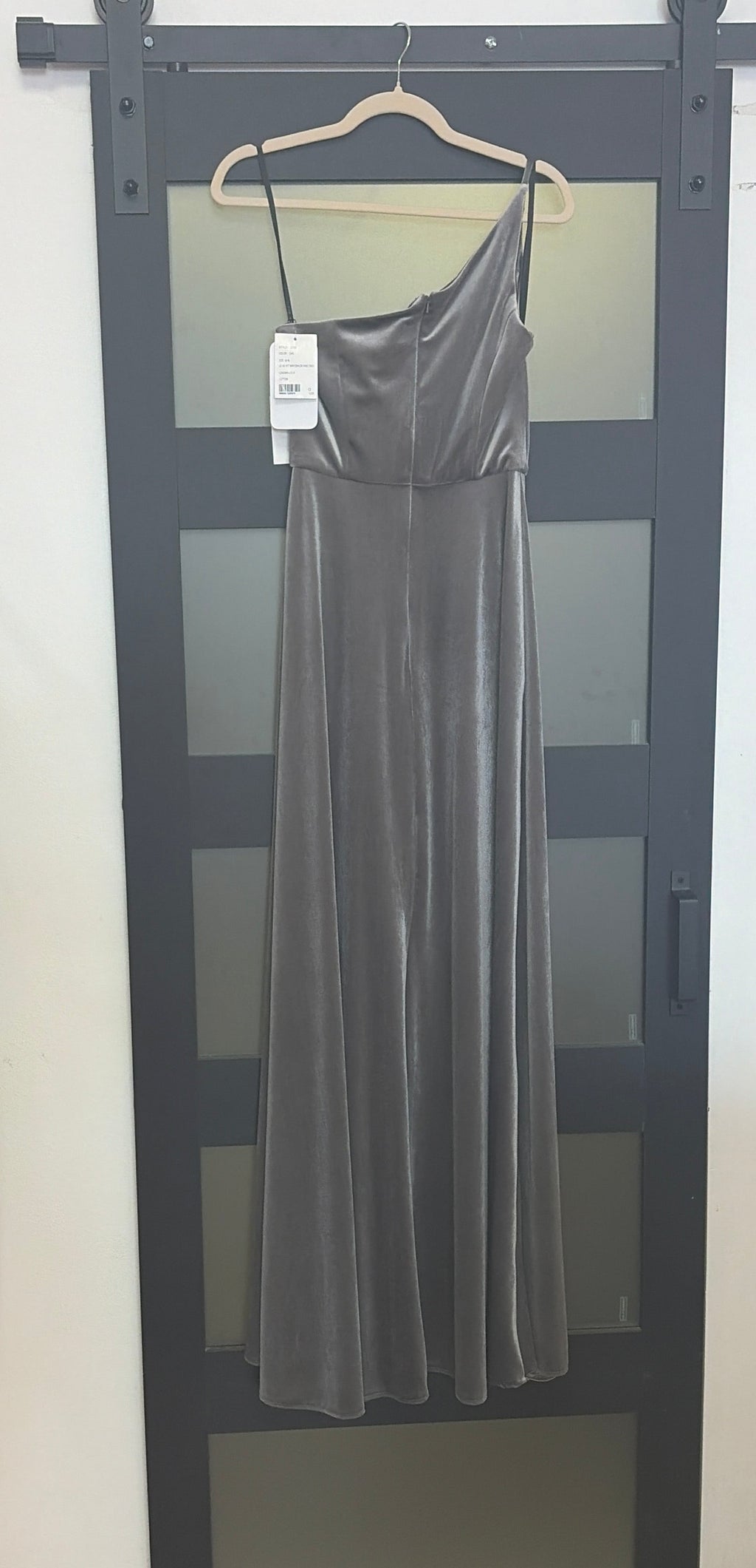 After six grey velvet one shoulder floor length down
