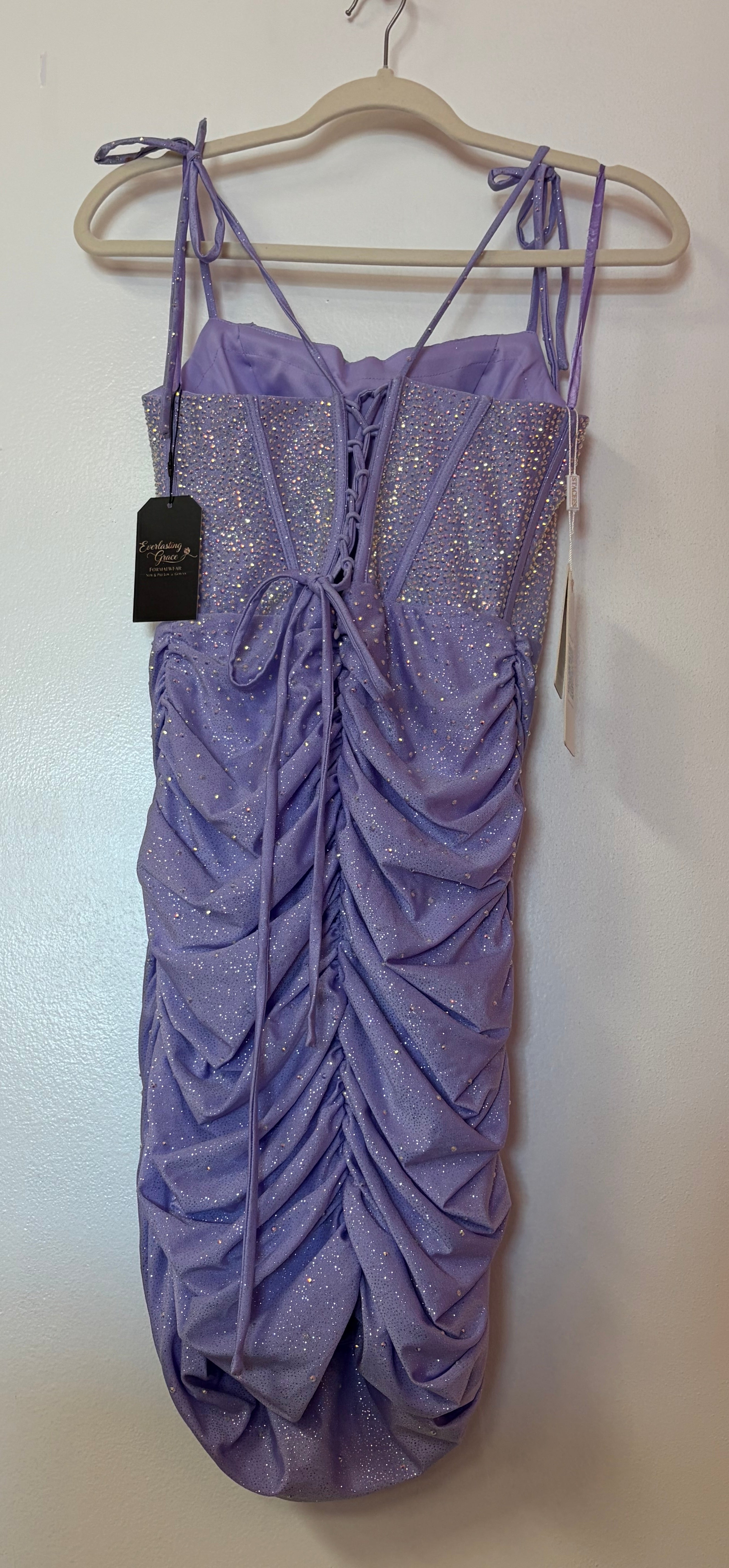 Stacees Lilac Glitter Corset Homecoming Dress – Ruched Bodycon Mini Dress with Tie Straps