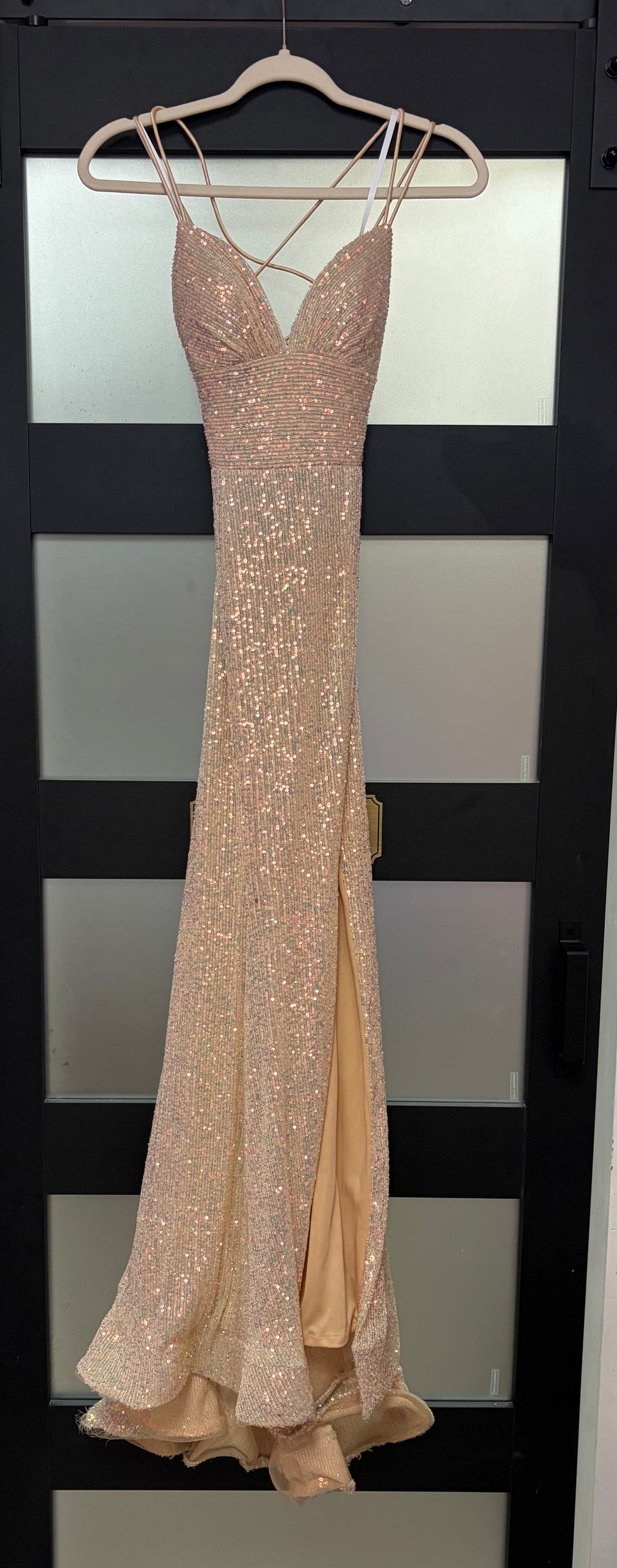 Sherri Hill Champagne Sequin Lace-Up Mermaid Gown with High Slit