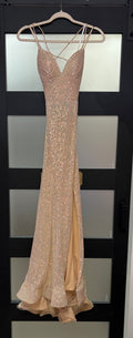 Sherri Hill Champagne Sequin Lace-Up Mermaid Gown with High Slit