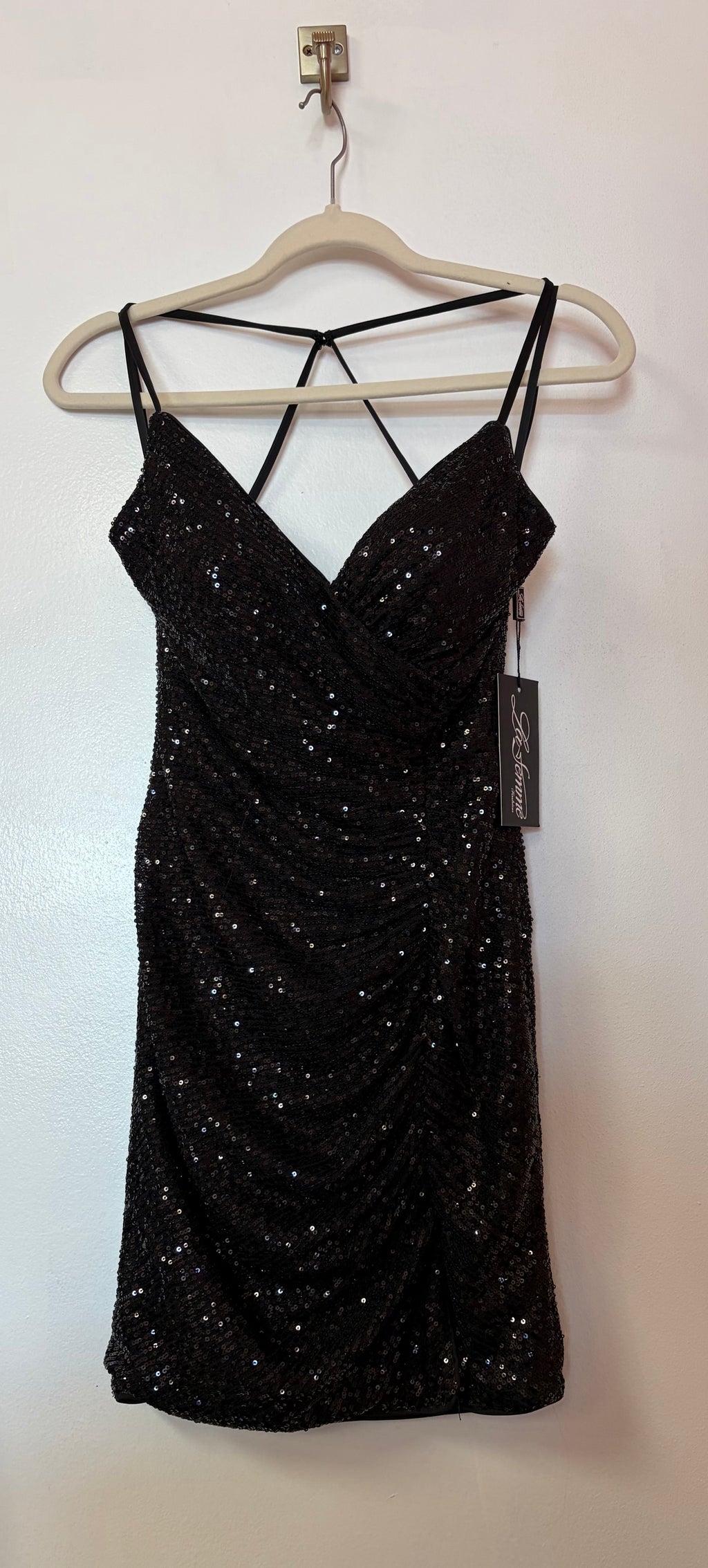 La Femme 30123 Black Sequin Ruched Strappy Homecoming Dress
