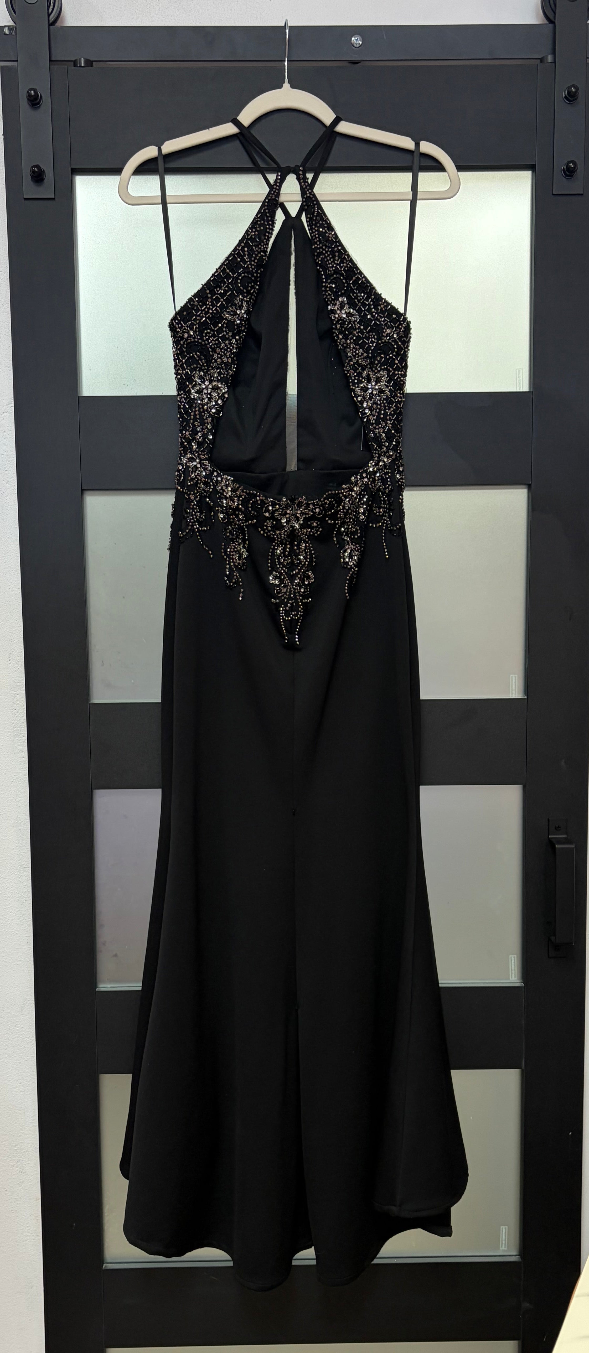 Morilee 47015 Black Beaded Halter Prom Dress with Open Back