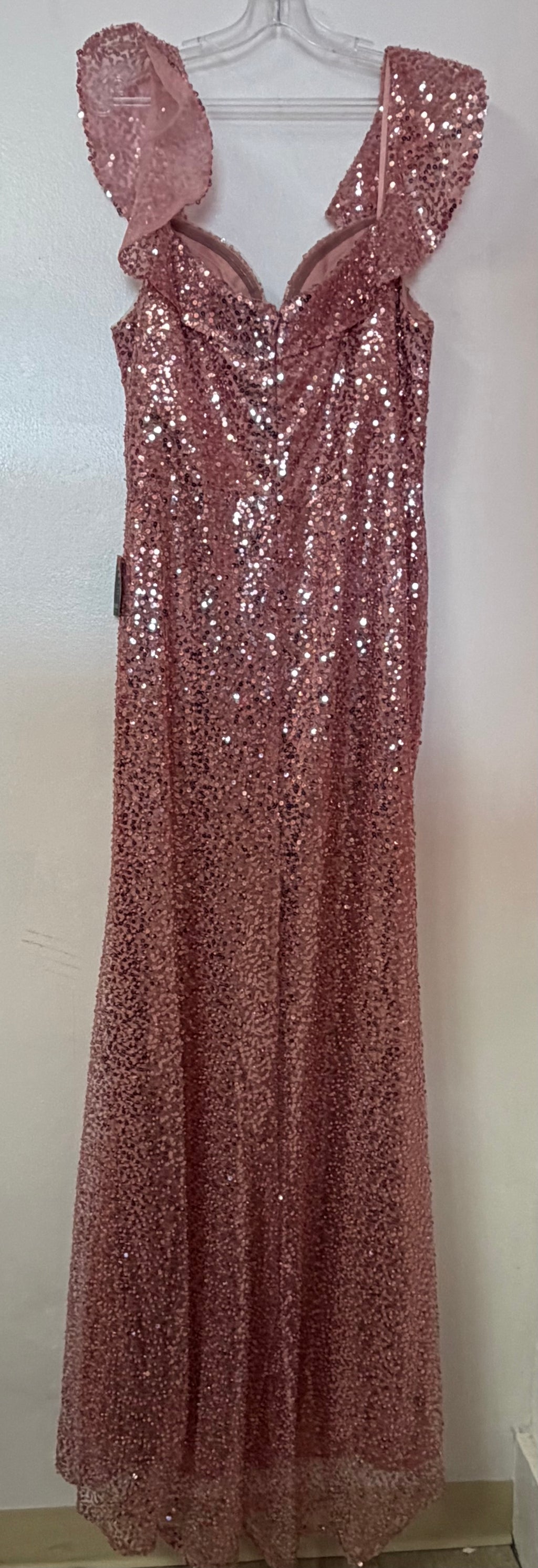 Cinderella Divine CH167 Rose Gold Sequin Formal Gown with Ruffle Straps and Leg Slit