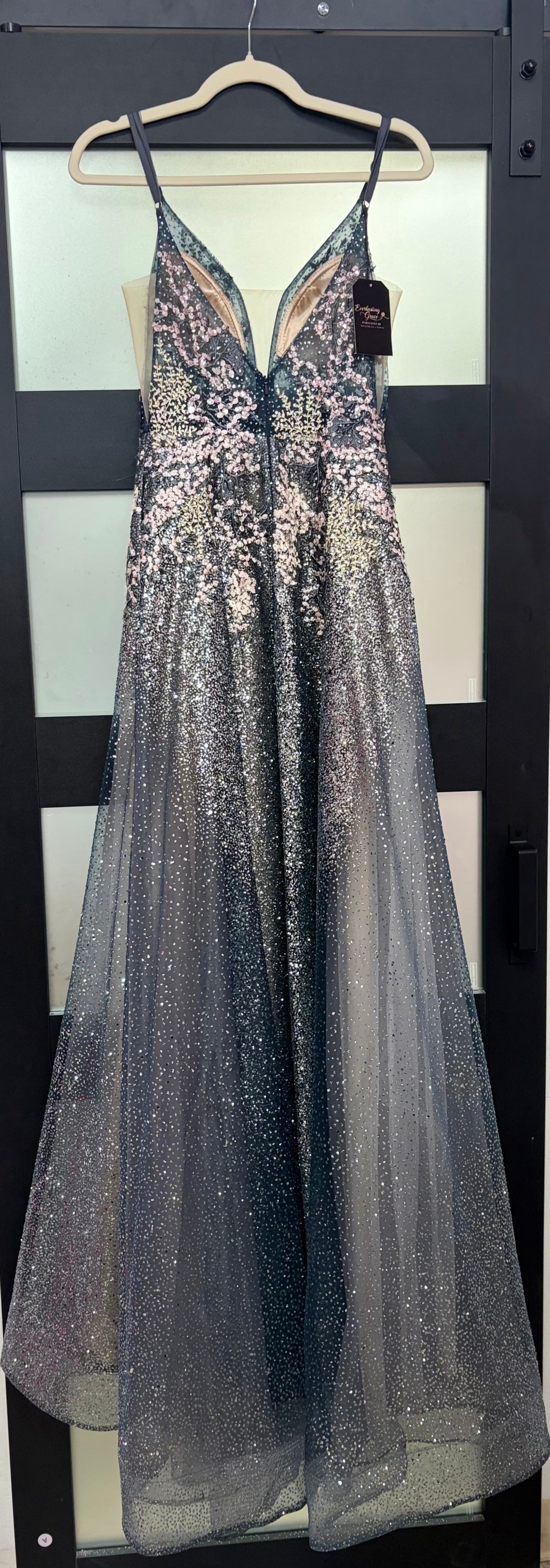 Ellie Wilde EW120043 Charcoal Glitter Floral Appliqué Ball Gown