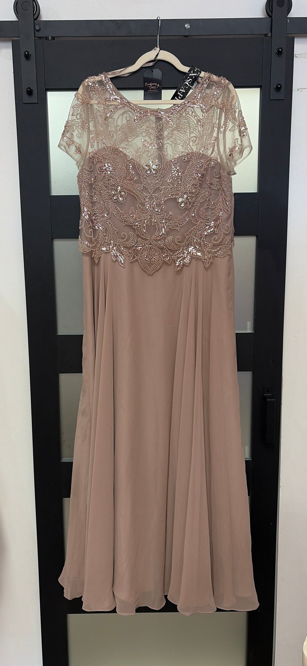 Xscape Blush Beaded Illusion Chiffon Gown