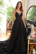 LaDivine CD994 Black Glitter Tulle A-Line Formal Gown with Floral Appliqué