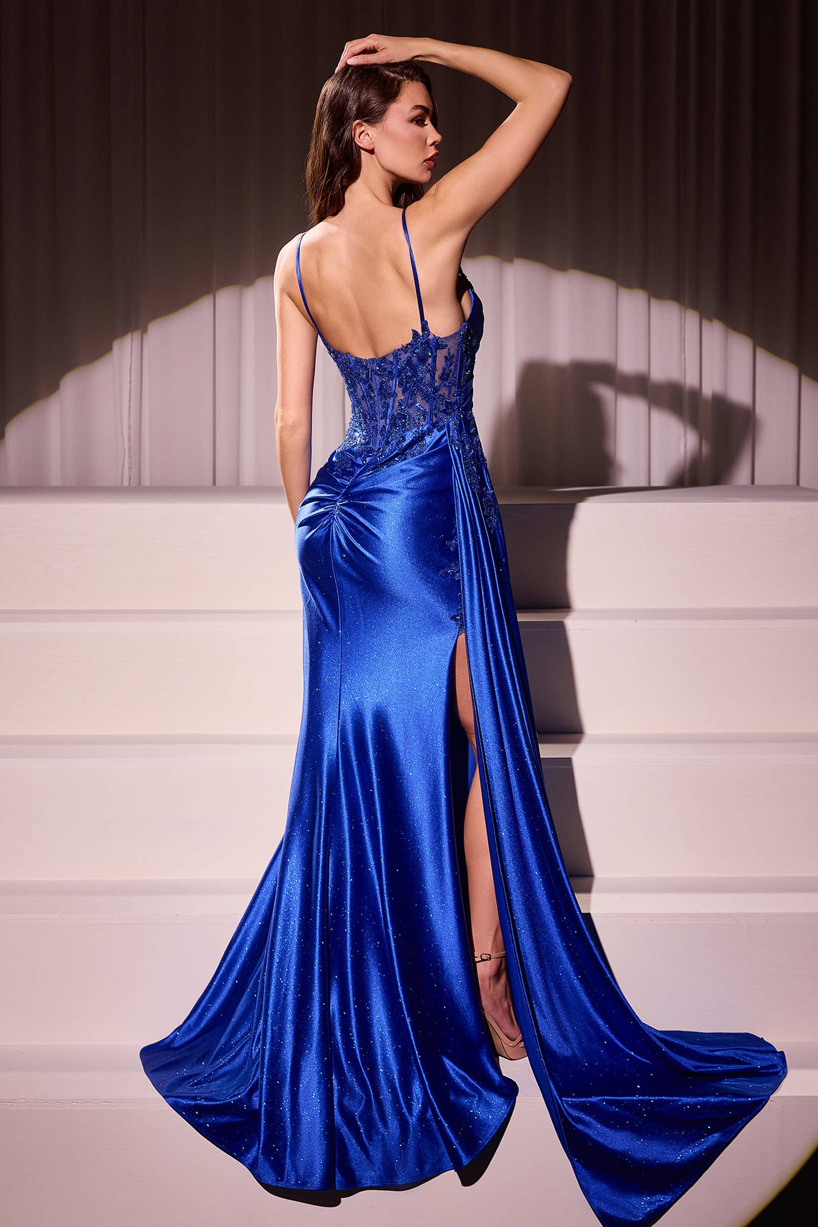 Ladivine by Cinderella Divine - FITTED SATIN & LACE EVENING GOWN