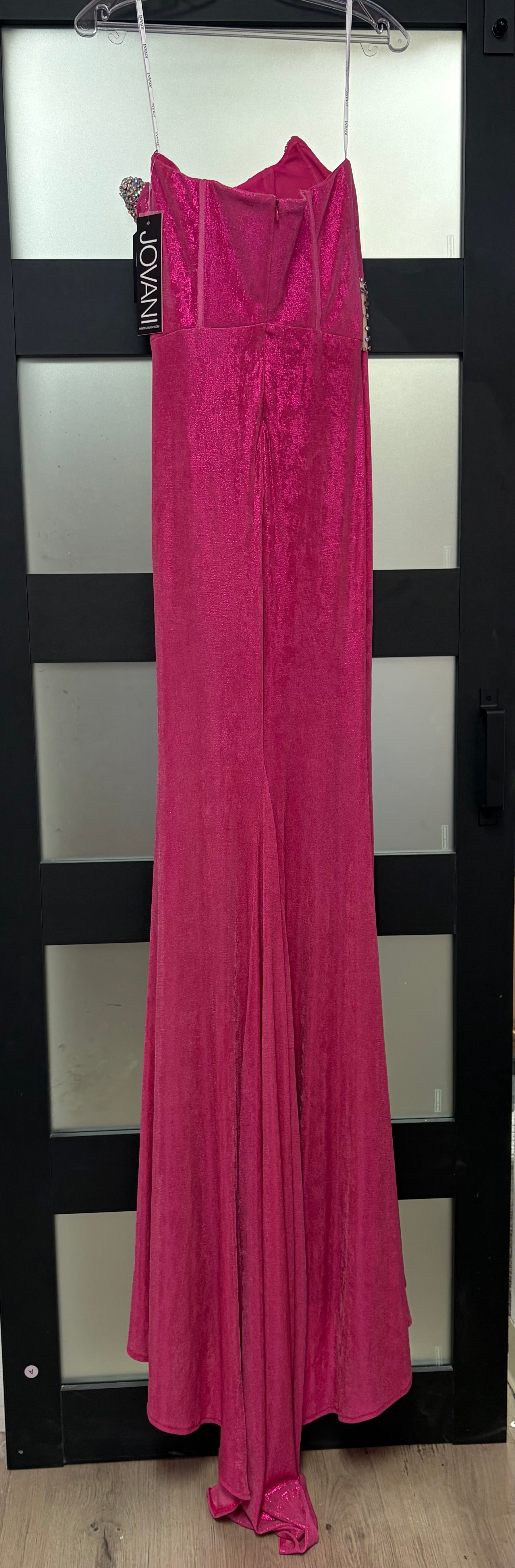 Jovani D5079 Hot Pink Crystal Embellished Velvet Gown with Illusion Cutouts