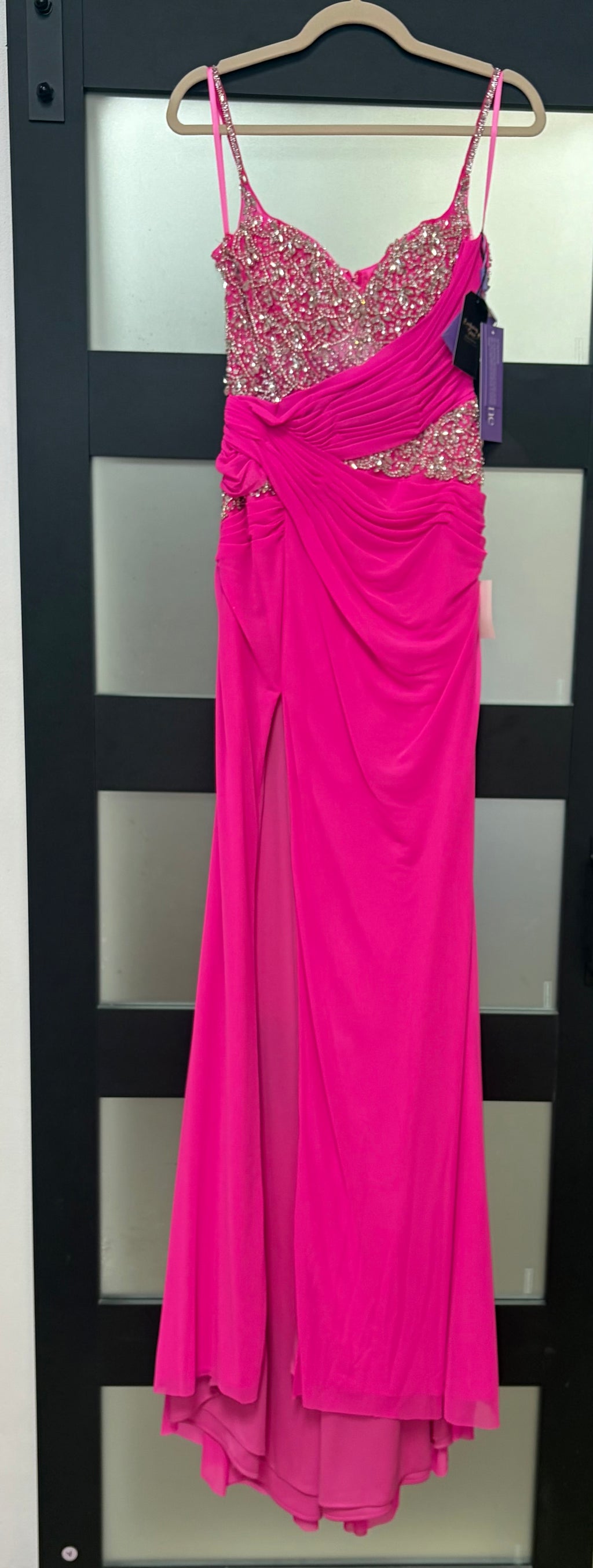 LaDivine CDS552 Hot Pink Beaded Ruched Evening Gown with High Slit