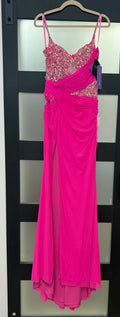 LaDivine CDS552 Hot Pink Beaded Ruched Evening Gown with High Slit