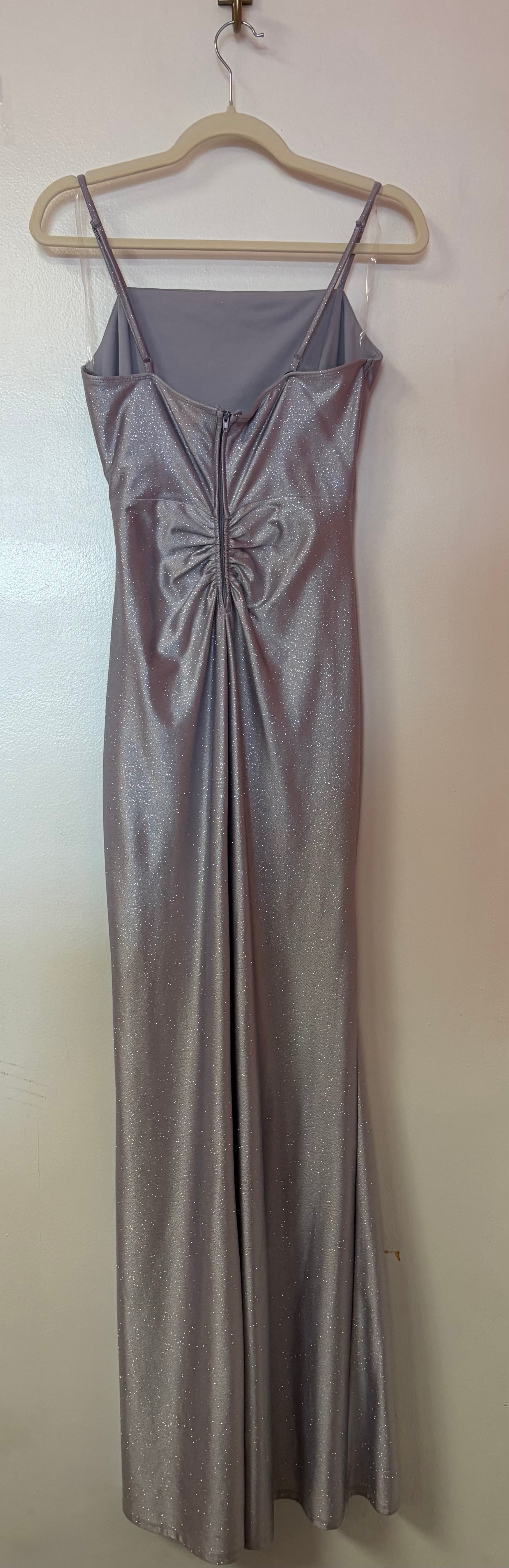 Honey & Rosie Lavender Shimmer Cowl Neck Mermaid Gown with Draped Skirt and Tulip Hem