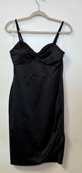 Black Satin Ruched Bodycon Cocktail Dress with Twist Front Sweetheart Neckline