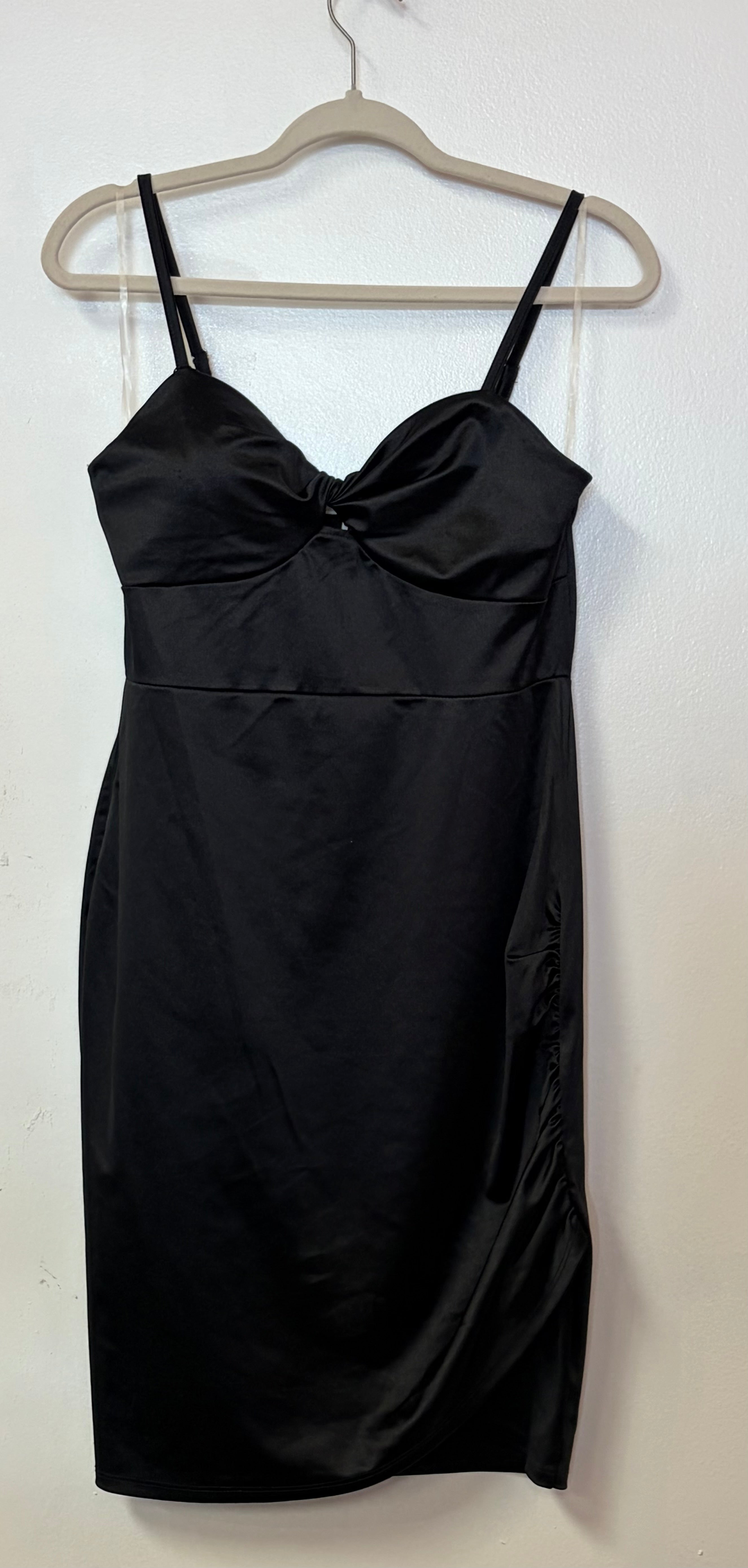 Black Satin Ruched Bodycon Cocktail Dress with Twist Front Sweetheart Neckline