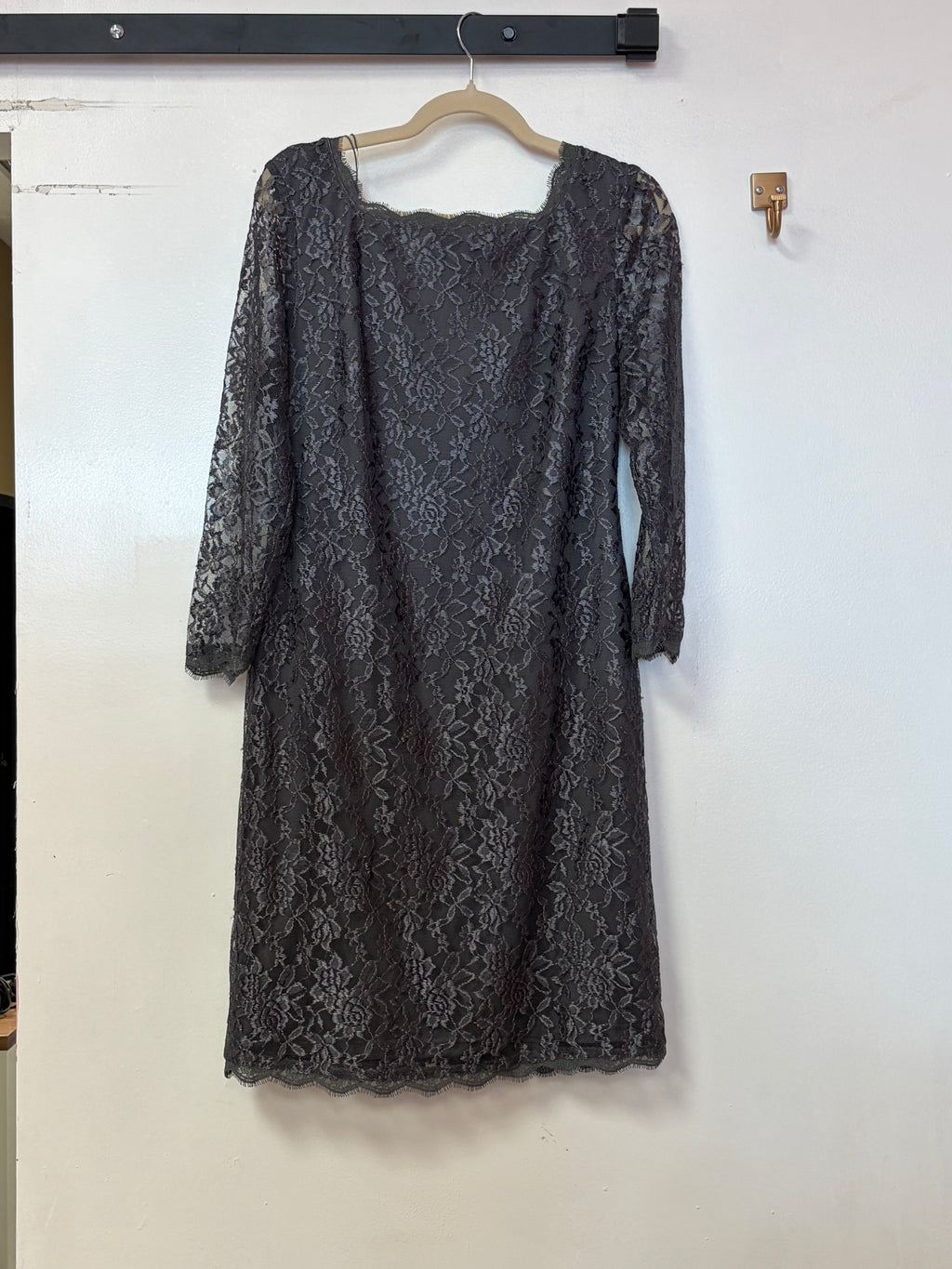 Adrianna Papell Navy Lace Sheath Dress with Square Neckline and V-Back